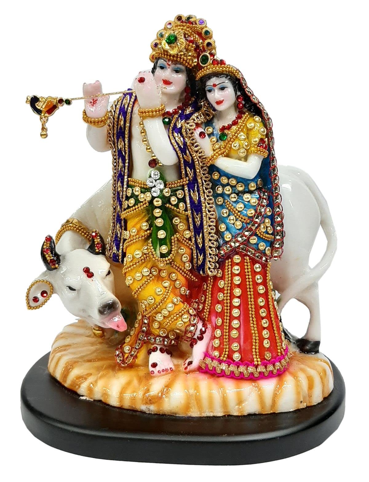 Resin Stone Work Radha Krishan Statue with Cow Playing Flute Idol for Home décor,Show Piece,Temple