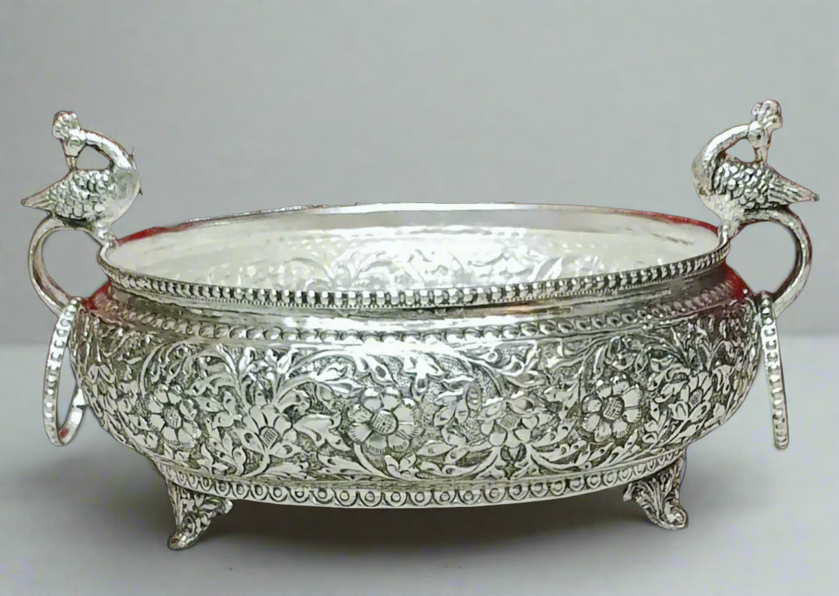 German silver fruit bowl/flower bowl/home decor urli with peacock and rings