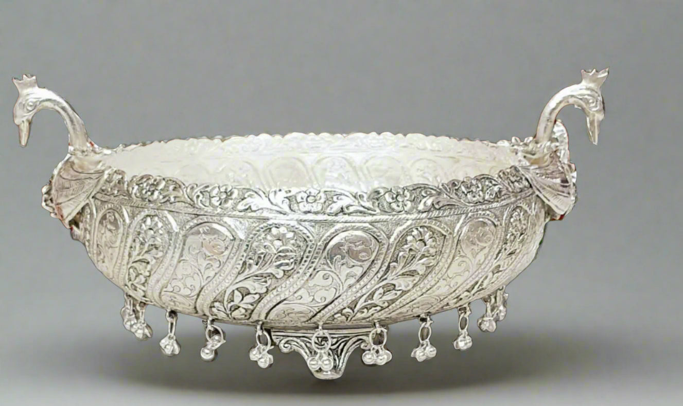 German silver peacock urli bowl