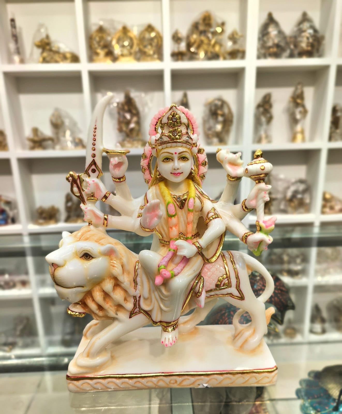 Marble dust Colorful Hand Painted Durga Statue Idol 9"" for Home Temple Gift Item