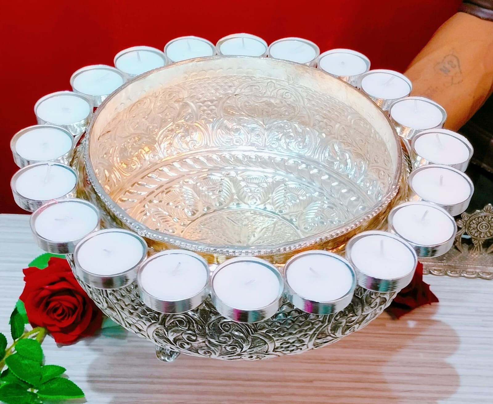 German Silver urli Bowl with Tea Light Ring for Diwali Decoration