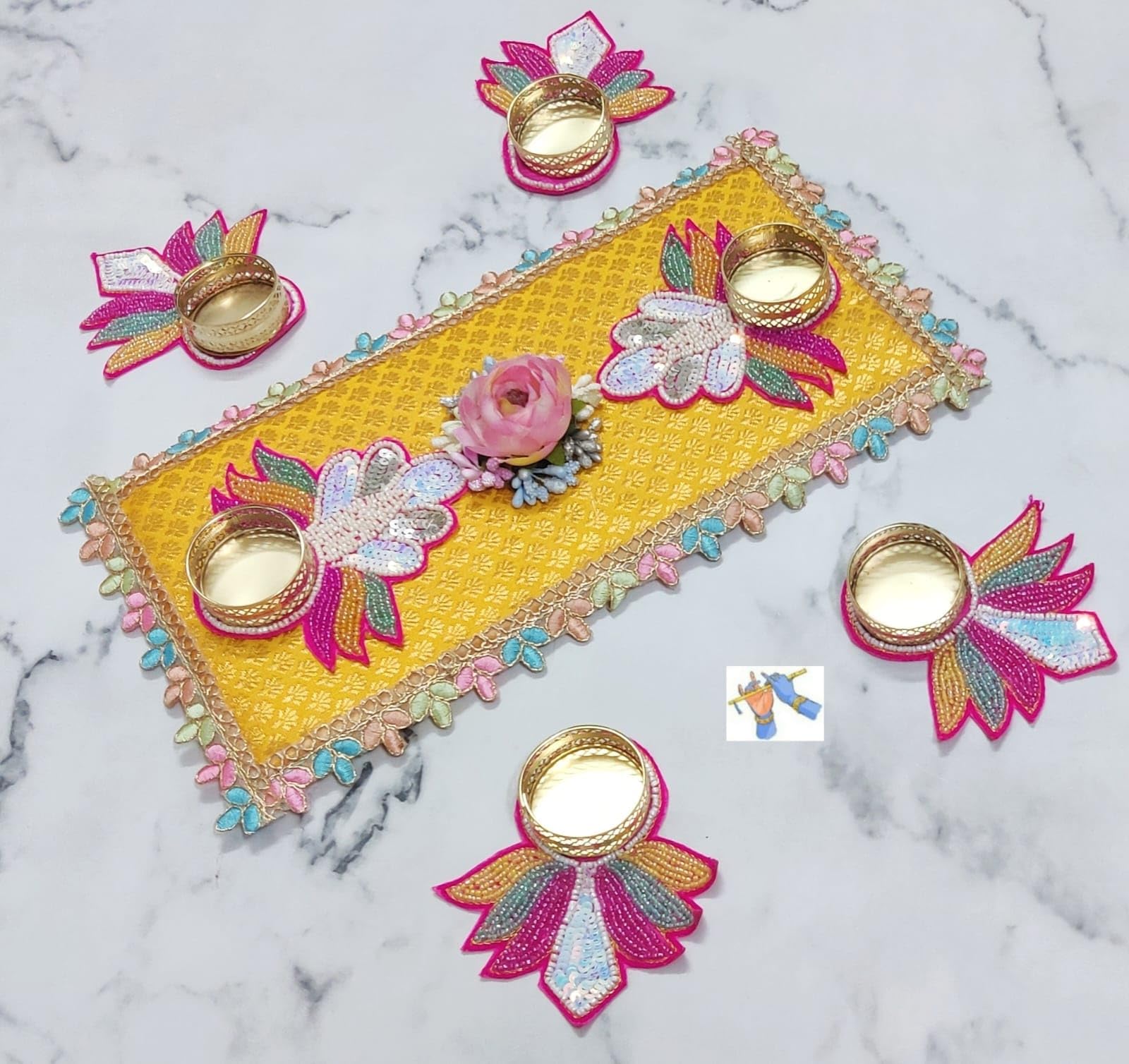 Handwork Tlight Rangoli Mat Set with 6 tlights Holder and 18 Wax telights for Home Decor