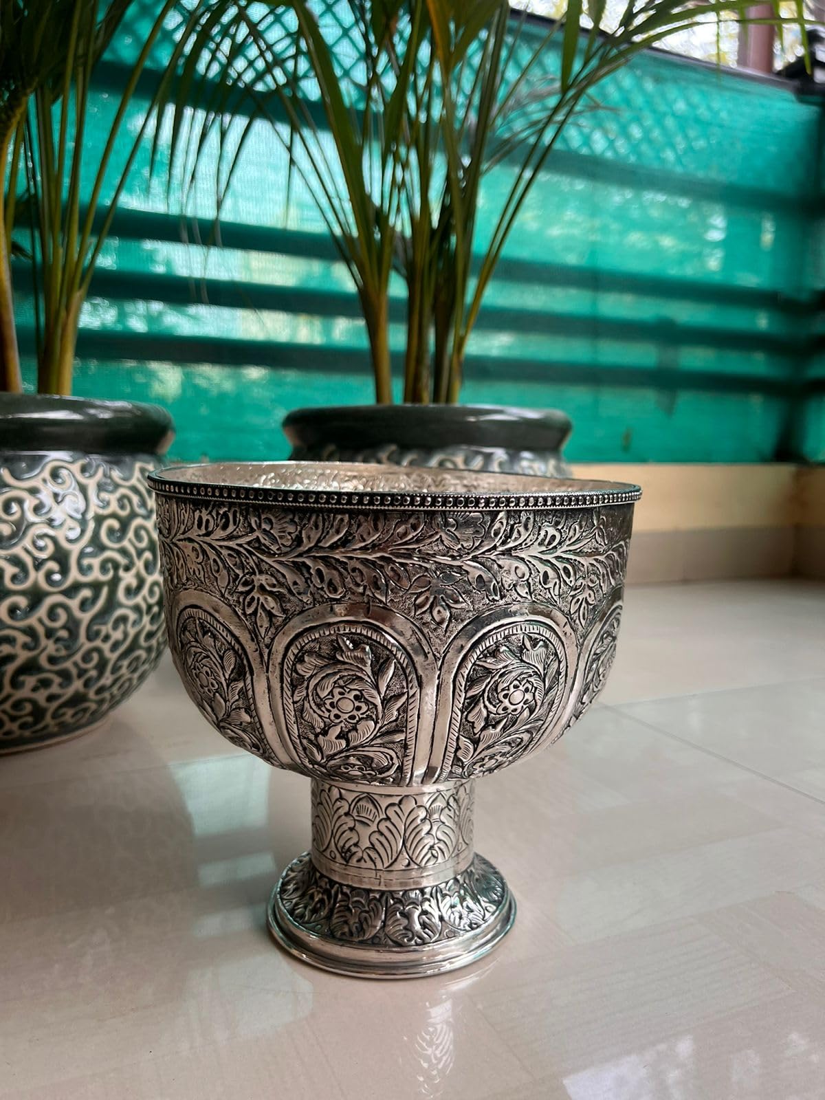 indiancraftsbykanika german silver Antique stand bowl with intricate carving bowl for fruits/home décor/gift iitem