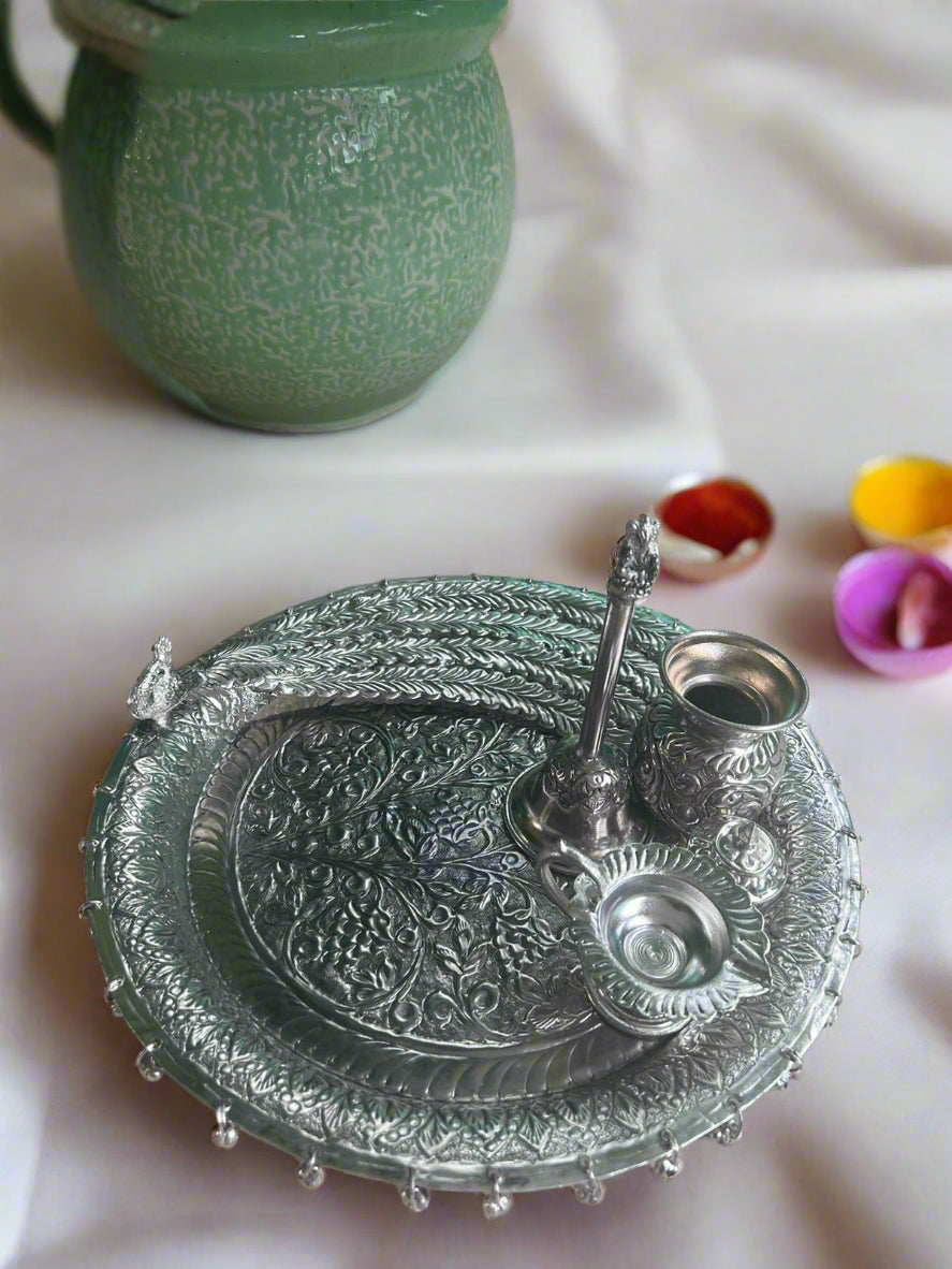 German Silver Peacock Pooja thali Set