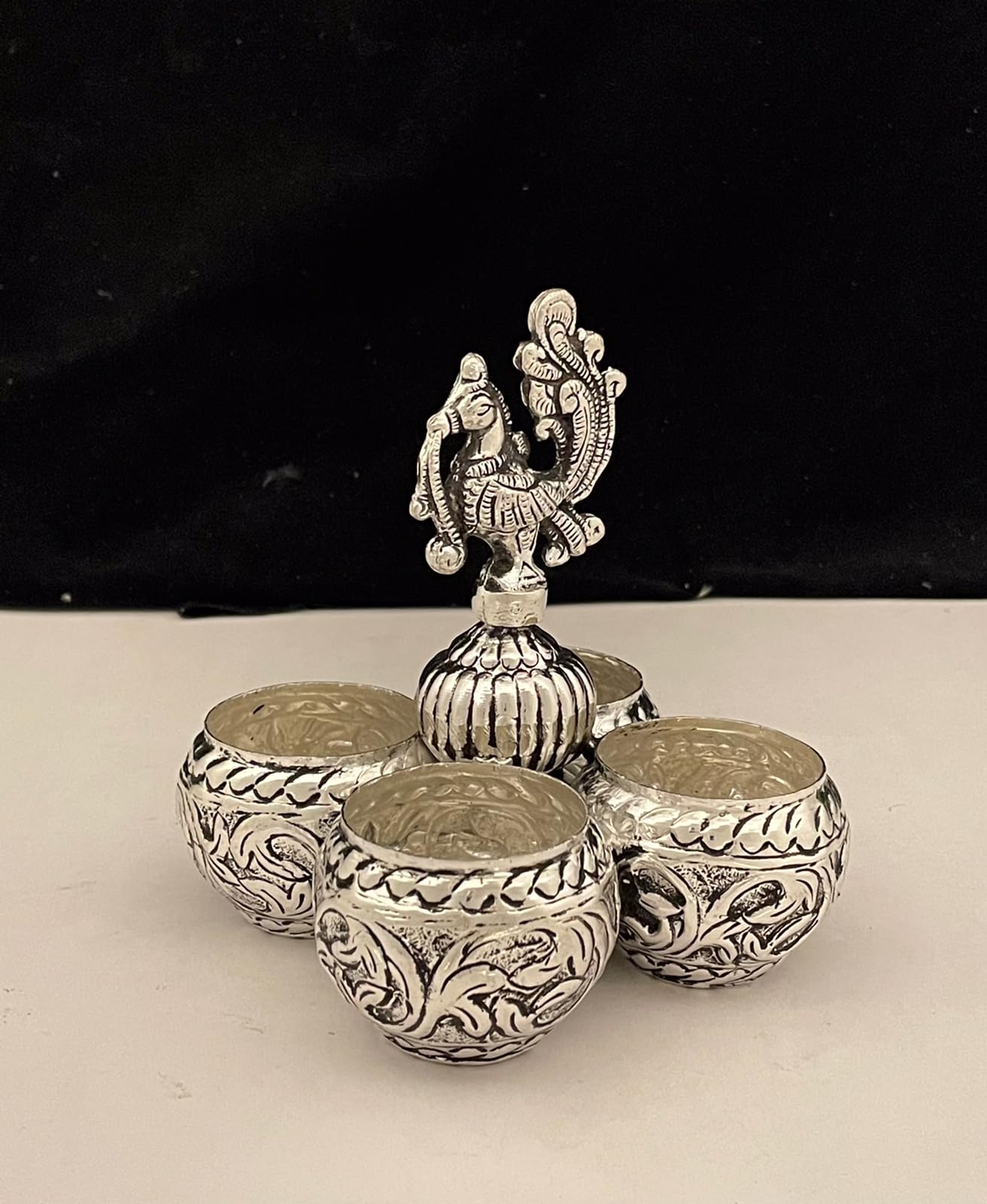 Peacock 4 bowl chopda/snacks holder/sweets holder/kumkum bowl set, Silver