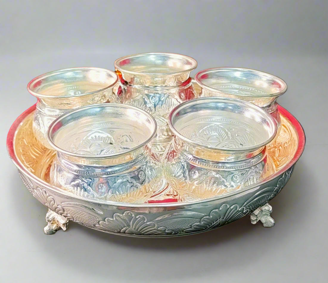 German silver nakkashi plate with 5 sweet bowls/snacks bowl