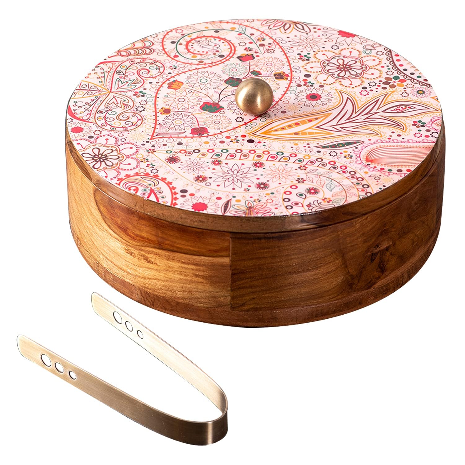 wooden enamel print casserole with tong for chapati/roti/snacks/momos/gift item