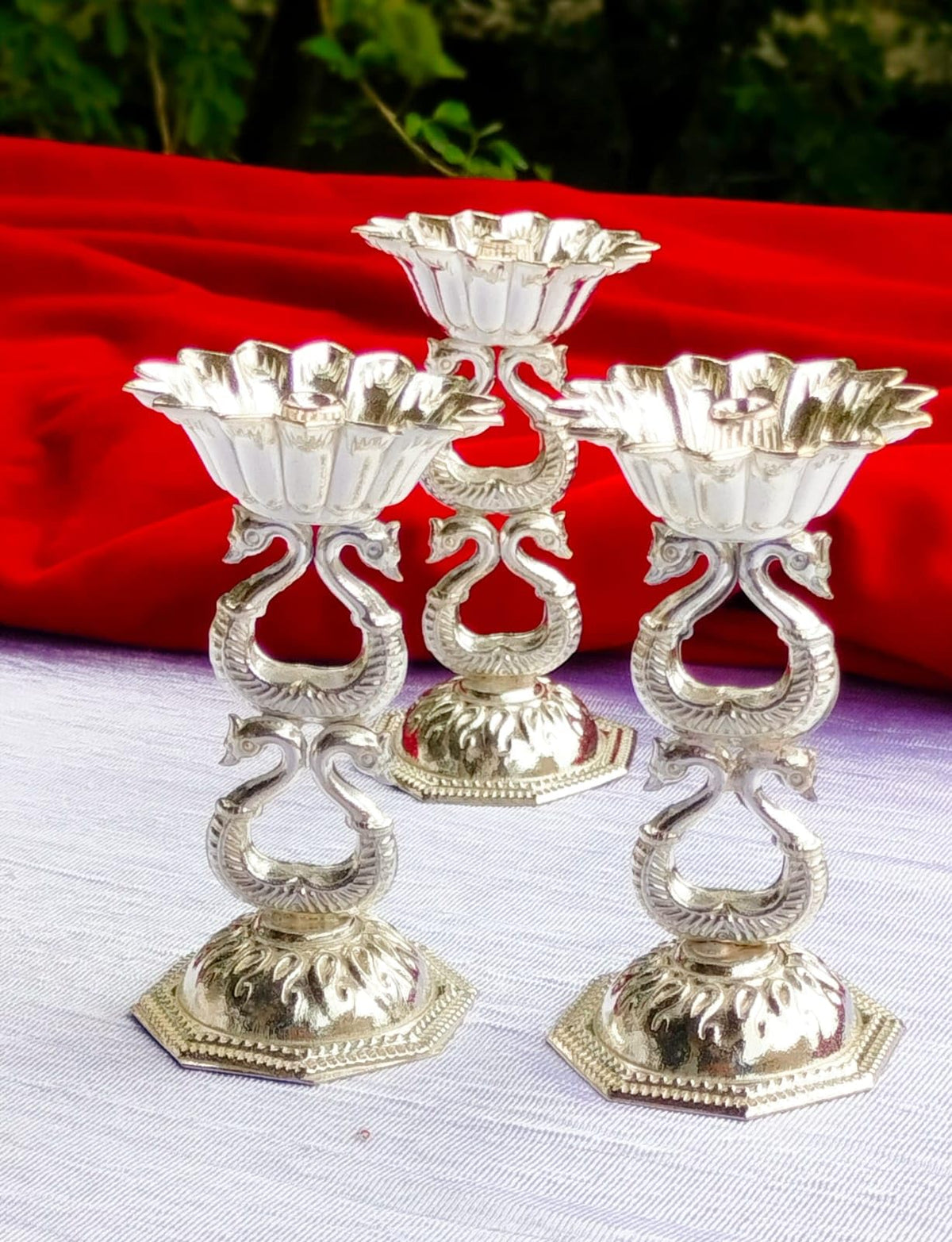 German Silver 2 Step Double Peacock Lotus Diya, Set of 10 Pieces for Diwali festivali, Reusable, House Warming puja Party, Wedding