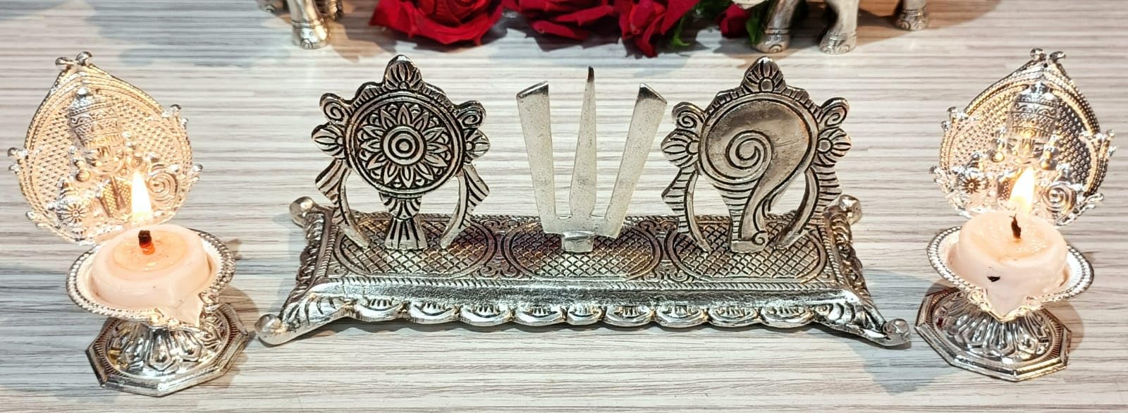 German Silver Antique Color SHANKH Chakra Namah Stand with Balaji Diya Combo