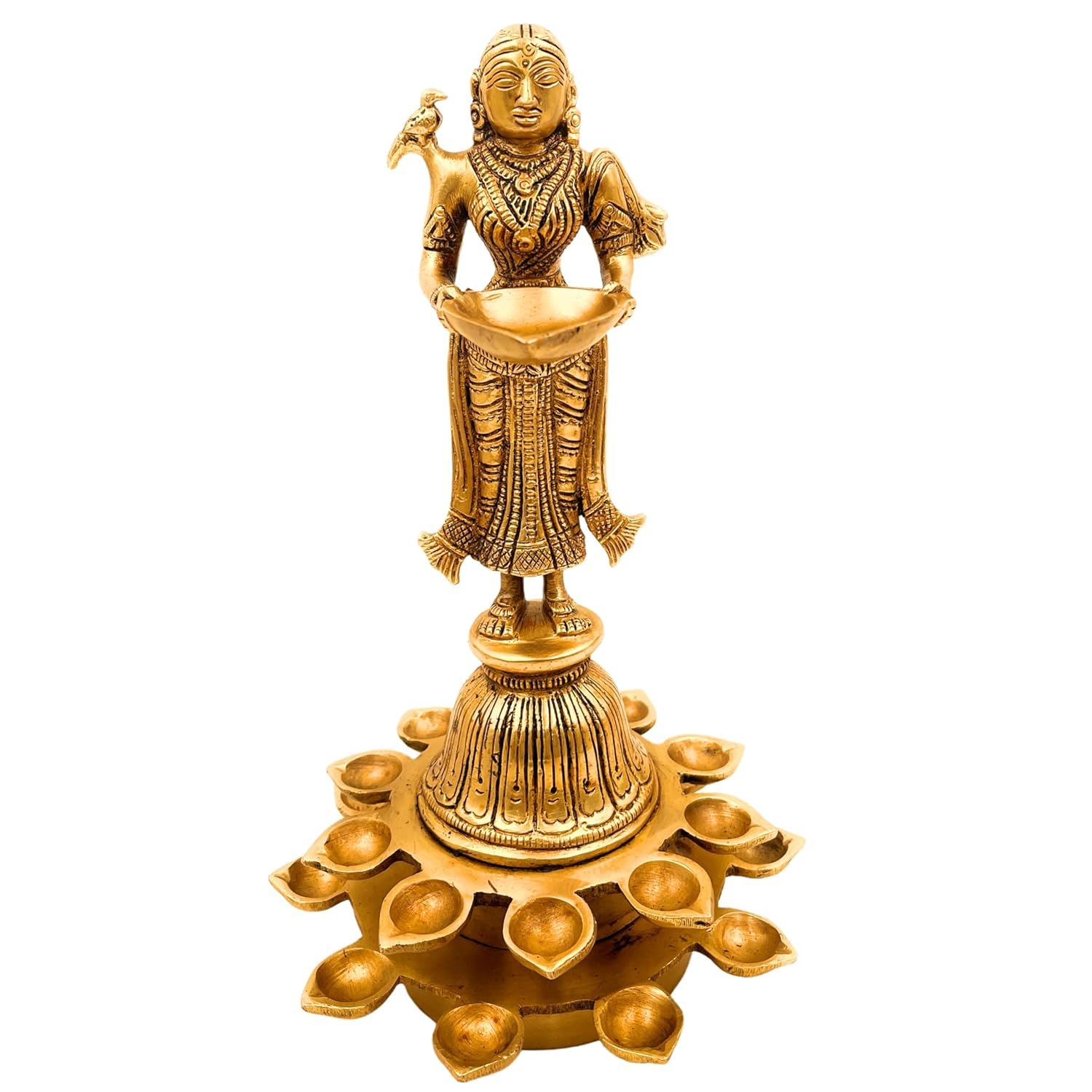 Brass deep Lakshmi Standing with 21 Diya's, Size : 11"" Height, 1 Piece, Gold