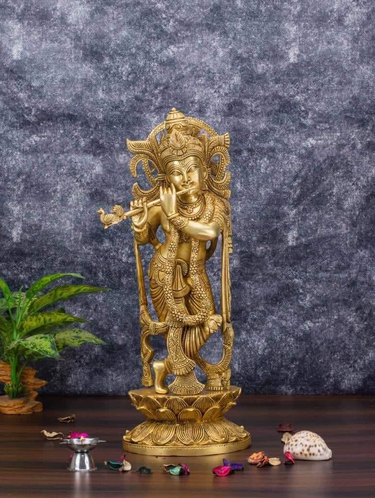 Brass Krishna Flute Playing Idol/Decorative Lord Krishna Standing Flute Statue/showpiece, Gift Item