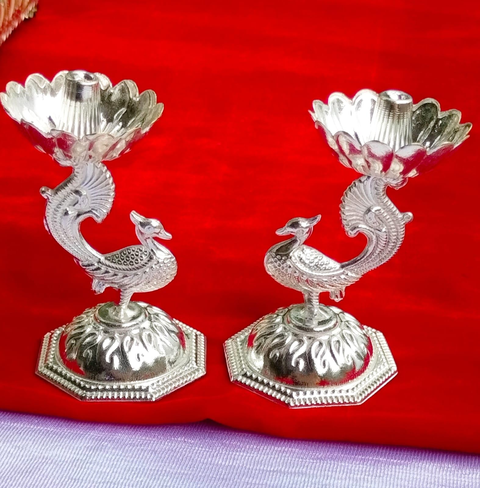 German Silver Peacock Lotus Diya Set of 10 Pieces give Away Item, for Festival of Diwali, House Warming puja Party