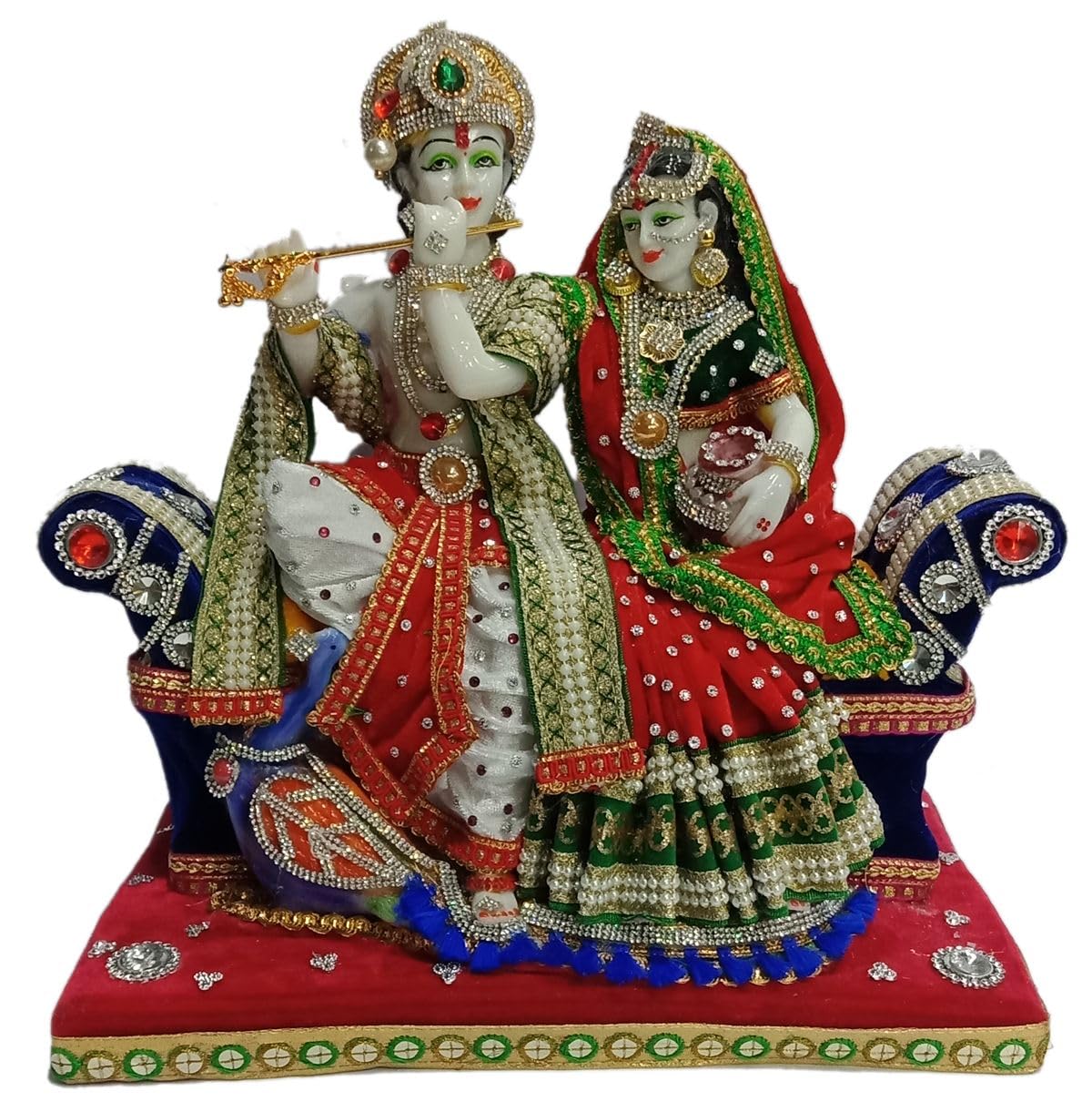 Colorful with Stone Work Radha Krishan Statue with Peacock Playing Flute Idol for Home décor,Temple