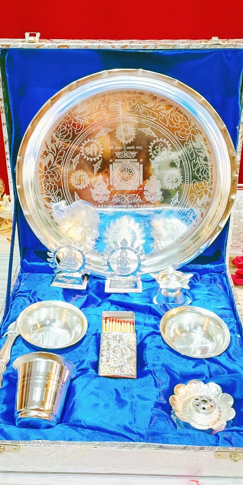 German Silver Pooja thali Set with Lakshmi Ganesh Idol Set of 10 Pieces