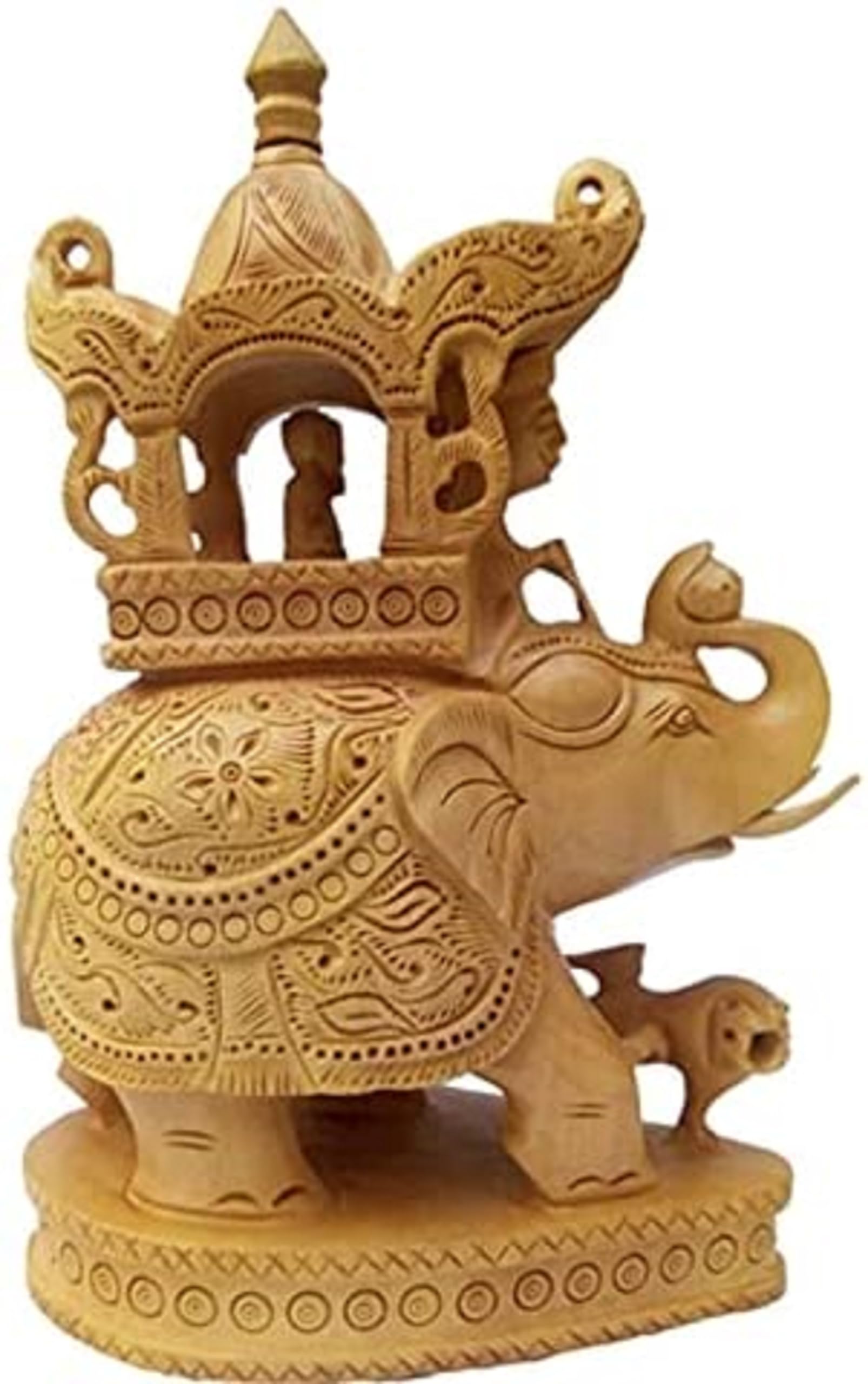 indiancraftsbykanika Handmade 8" Wood Carving Handmade Ambari Elephant Undercut Statue with Animal Figurines Showpiece