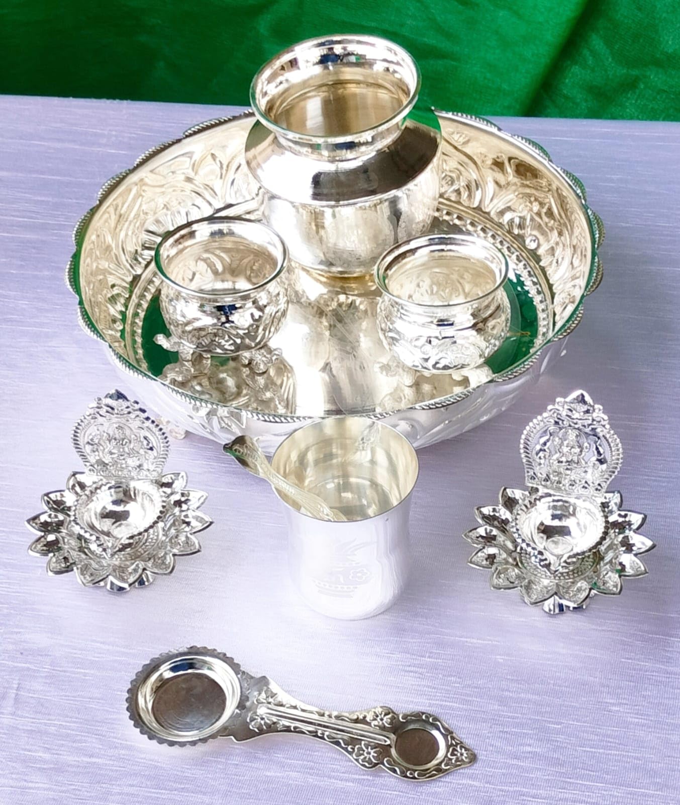 German Silver Elephant Legs Pooja thali Set