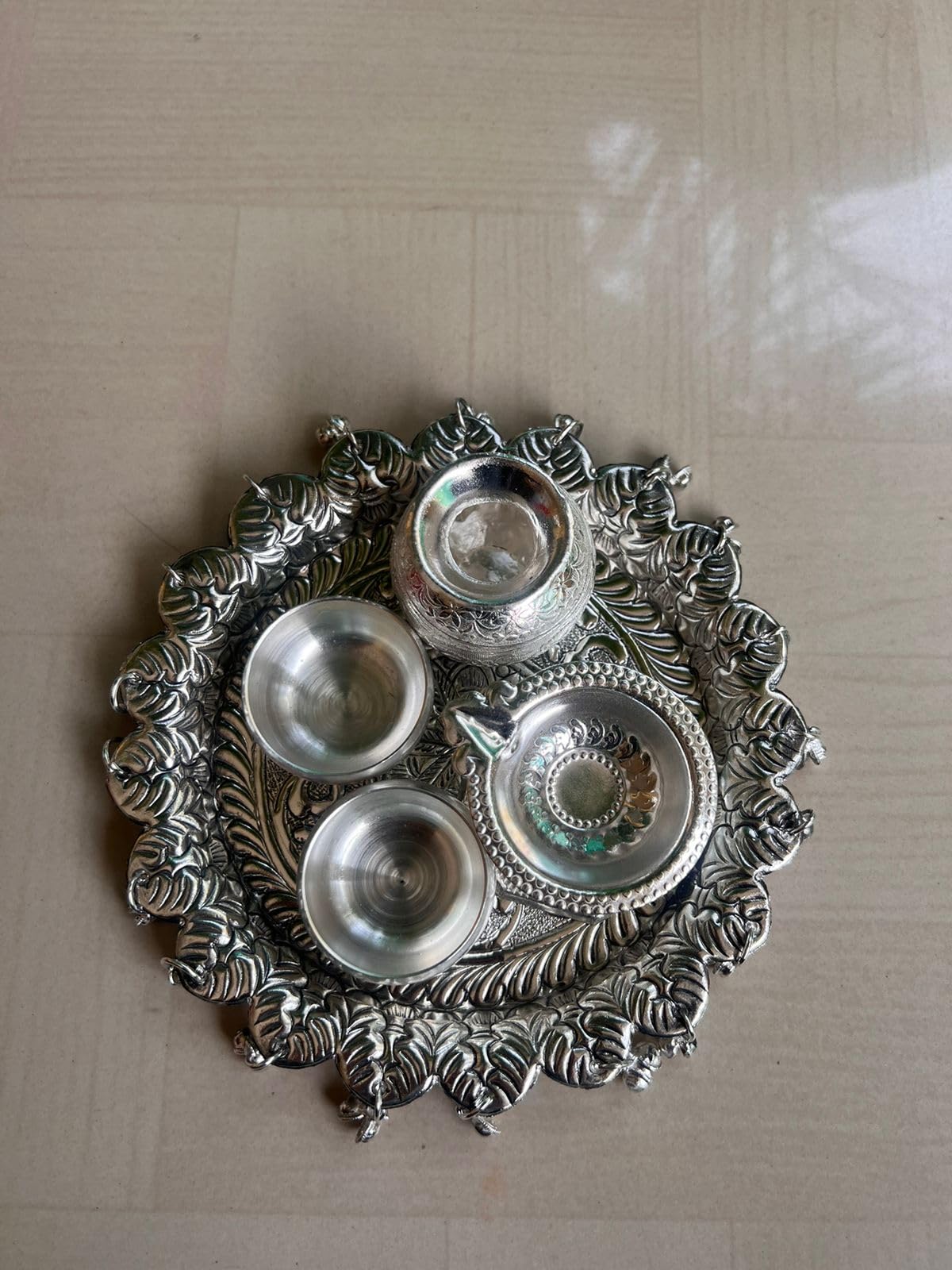 German Silver Intricate Pooja thali with ghunghroo Setting