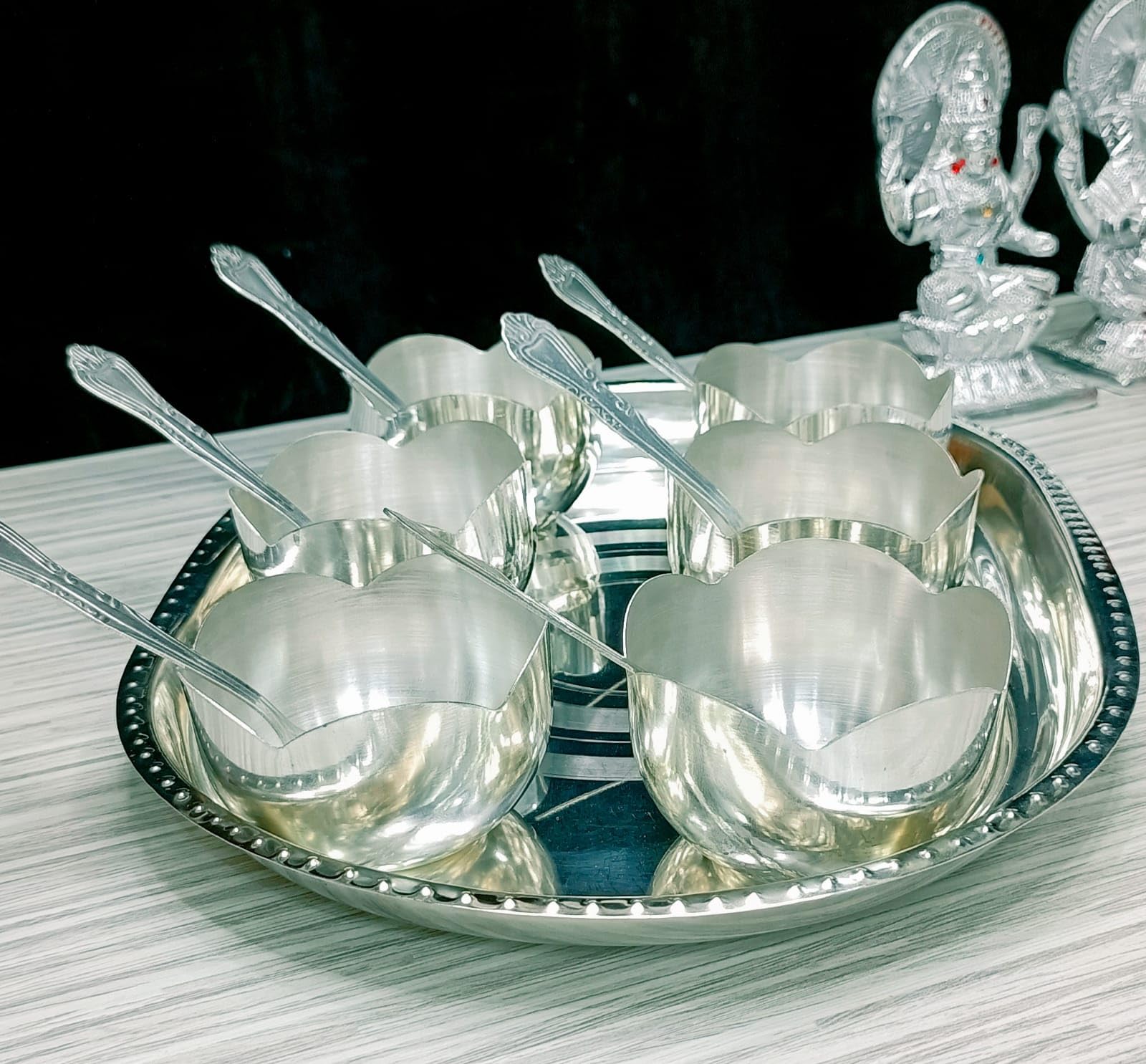 indiancraftsbykanika german silver set of 6 bowls and spoon with tray ice cream/dessert set/gift item, big, 230922r
