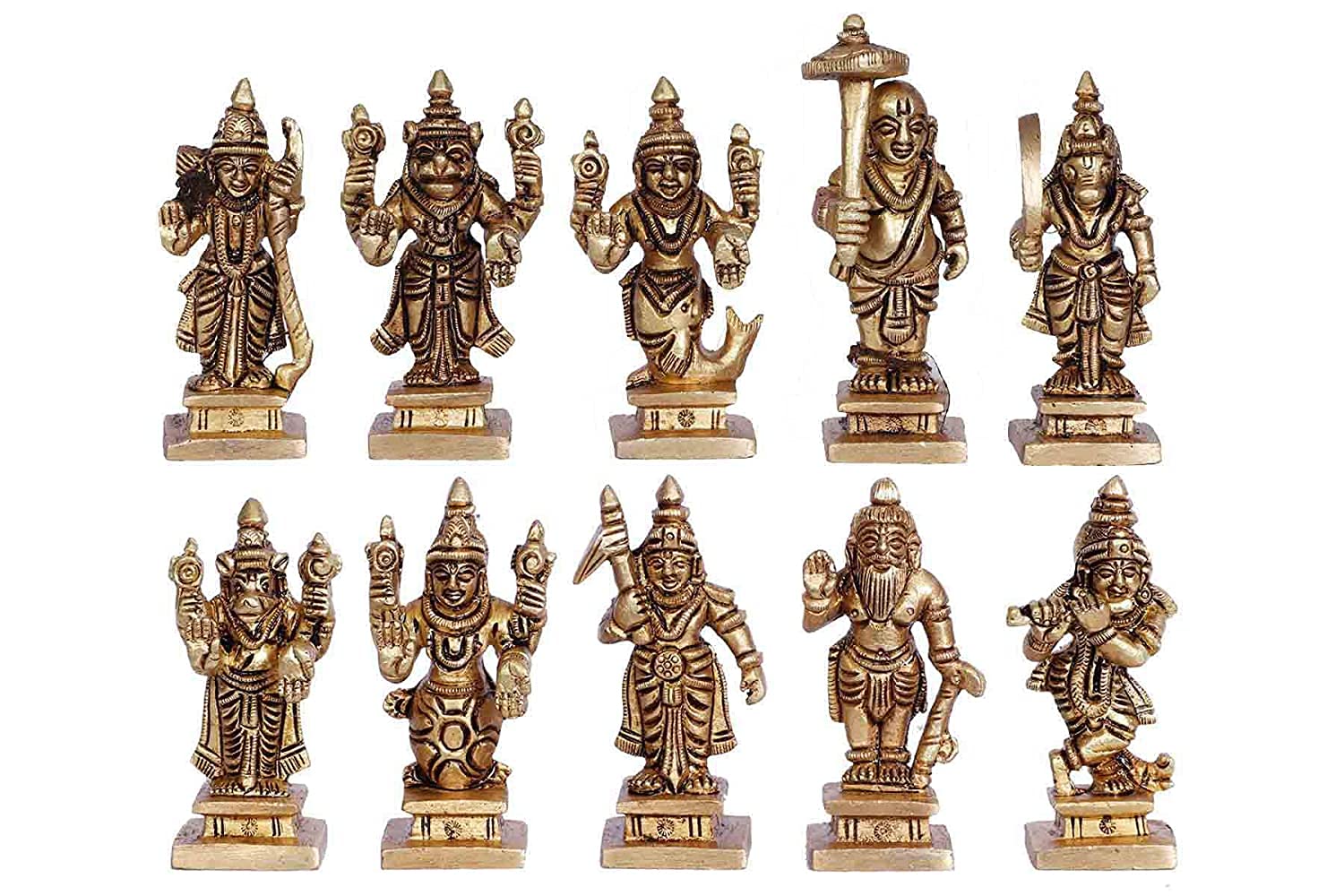 Brass Vishnu Dash Avatar Dashavatara Dasavatharam – Ten Incarnations Avtar's of Lord Vishnu, Size : 3.5"", Gold, 200922L