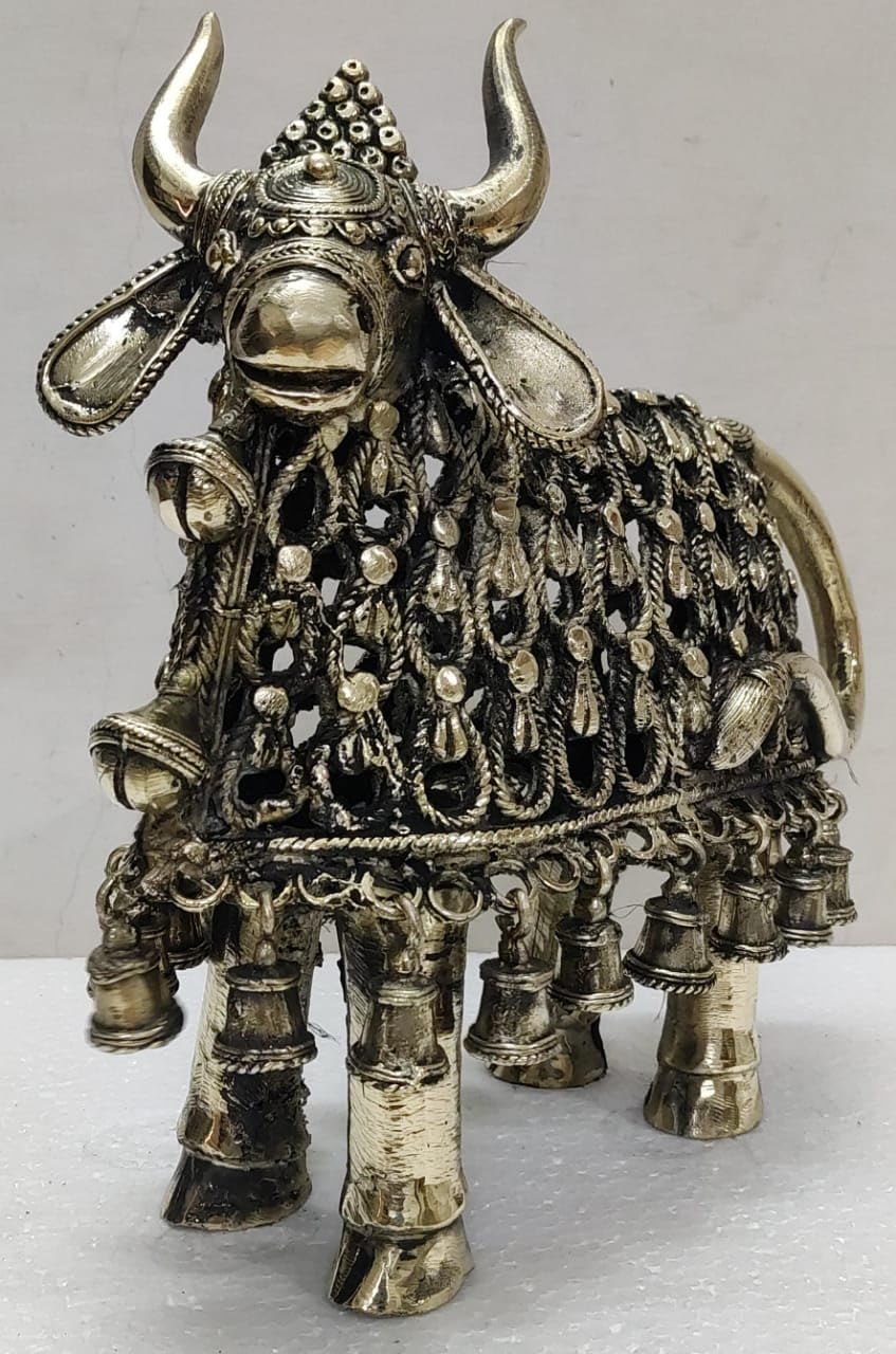 indiancraftsbykanika Brass dhokra bastar Art Handmade Nandi Cow with Bells Home Decor/Gift Item Statue/showpiece, Golden, 120124n