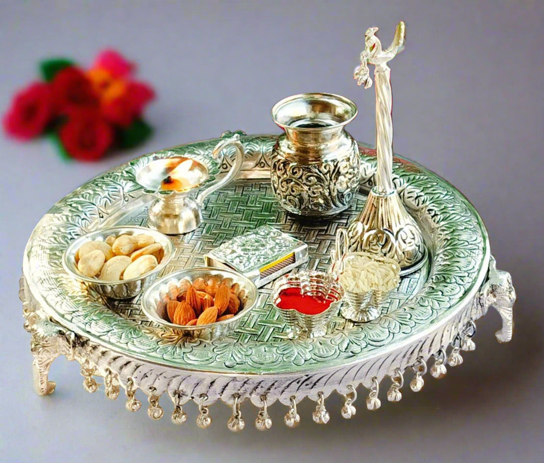 German Silver Elephant Design nakkashi aarti thali Set