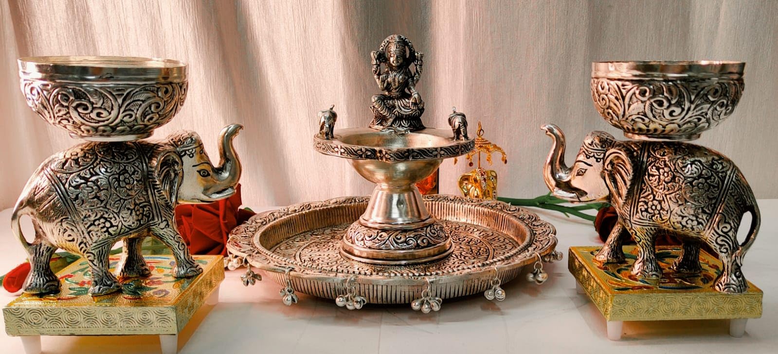 German Silver antique Finish Laxmi Pooja Set of 6 Pieces for Diwali Festival,