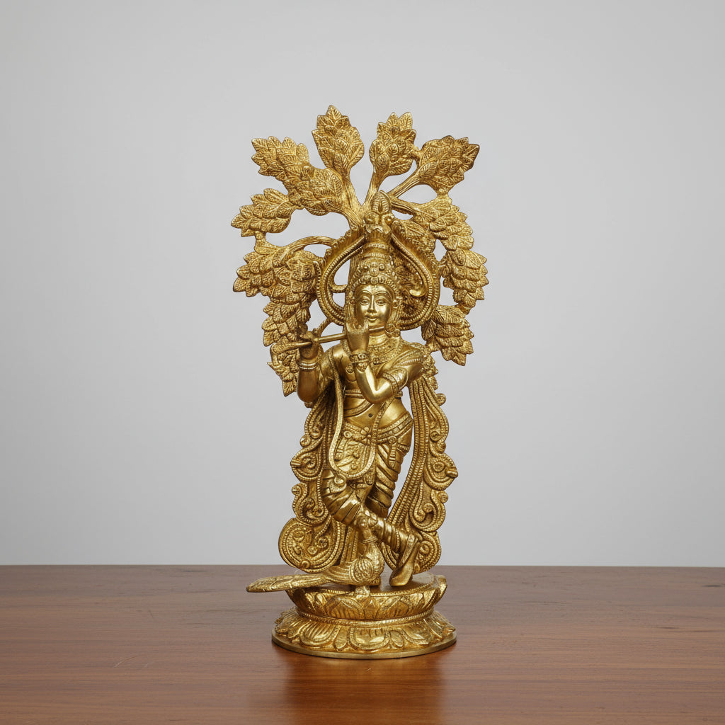 Brass Krishan Playing Flute with Peacock Under The Tree Statue/Idol/Gift/Home Decor/stue for Temple
