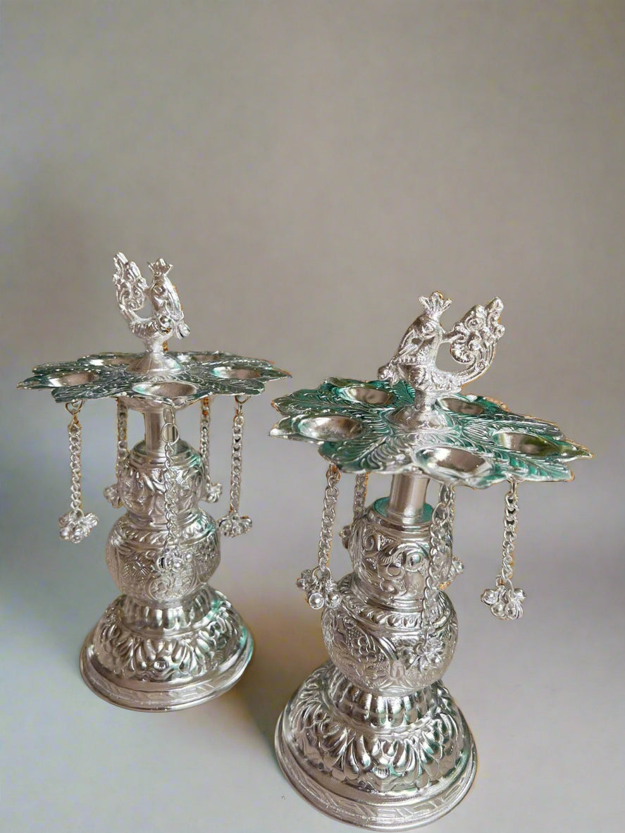 German Silver Set of 2 panchmukhi/5 Faces Peacock Diya Pair Set