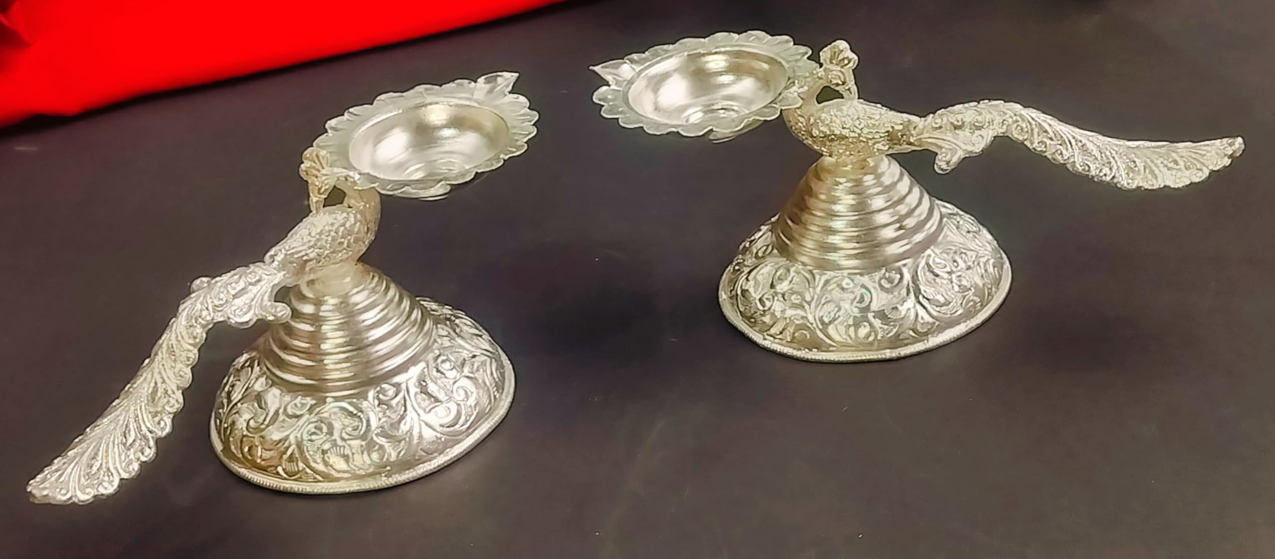 German Silver Set of 2 Peacock Diya, 8" for Gift Purpose, Home Decor, House Warming Party, Wedding, Festival, Temple