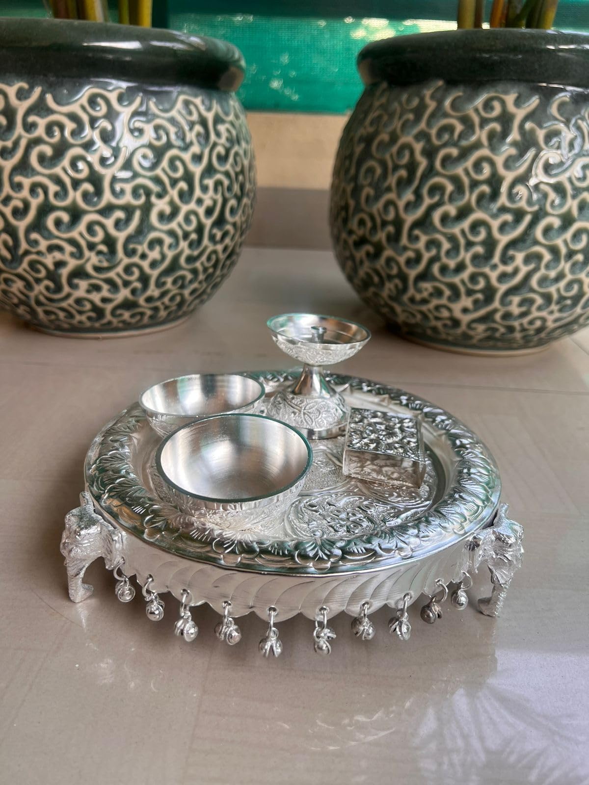 German Silver Elephant Legs Ghunghroo Small Pooja thali Set