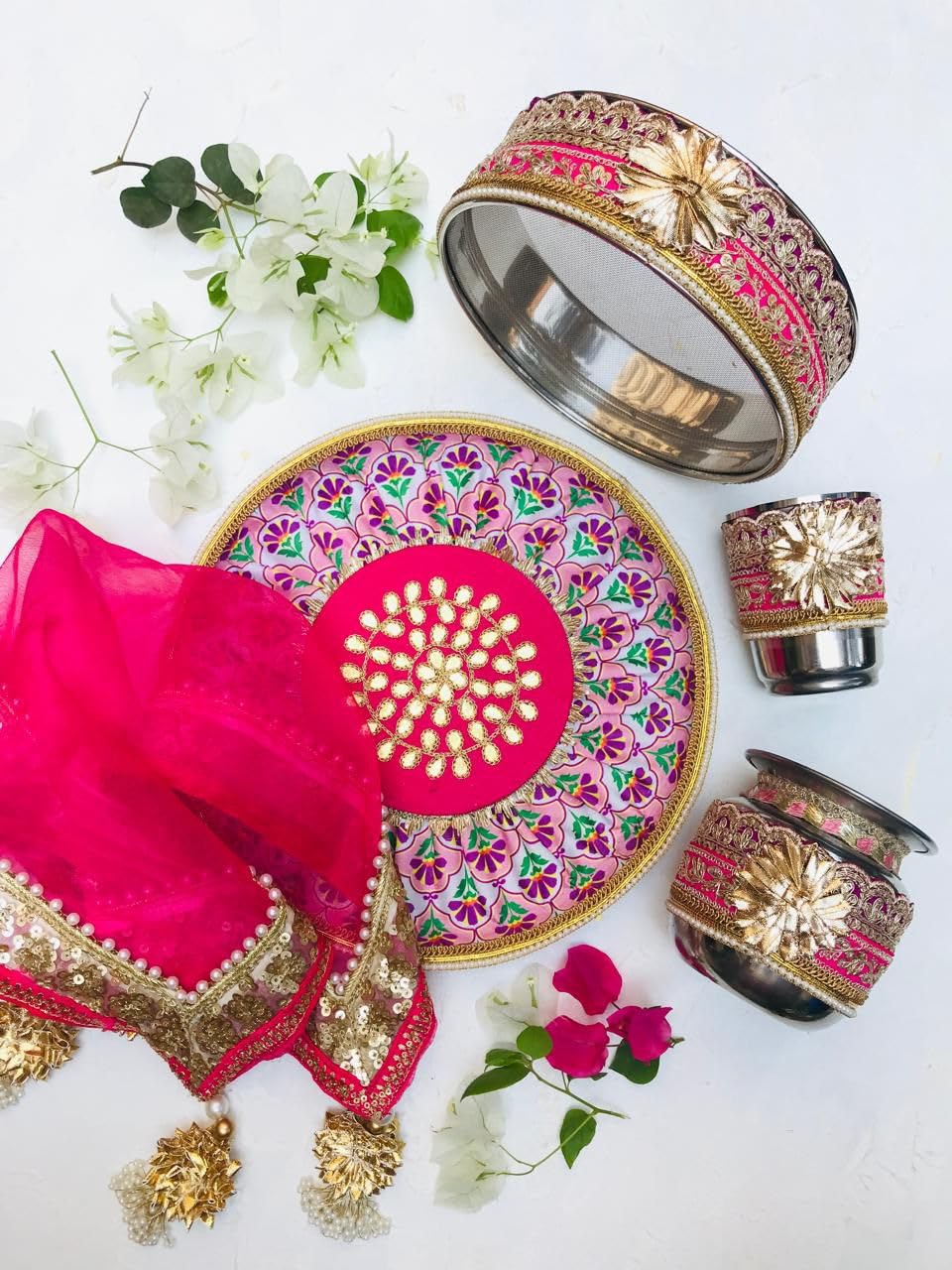 Colorful Karwacauth Combined Floral with Gota Work Pooja thali Set