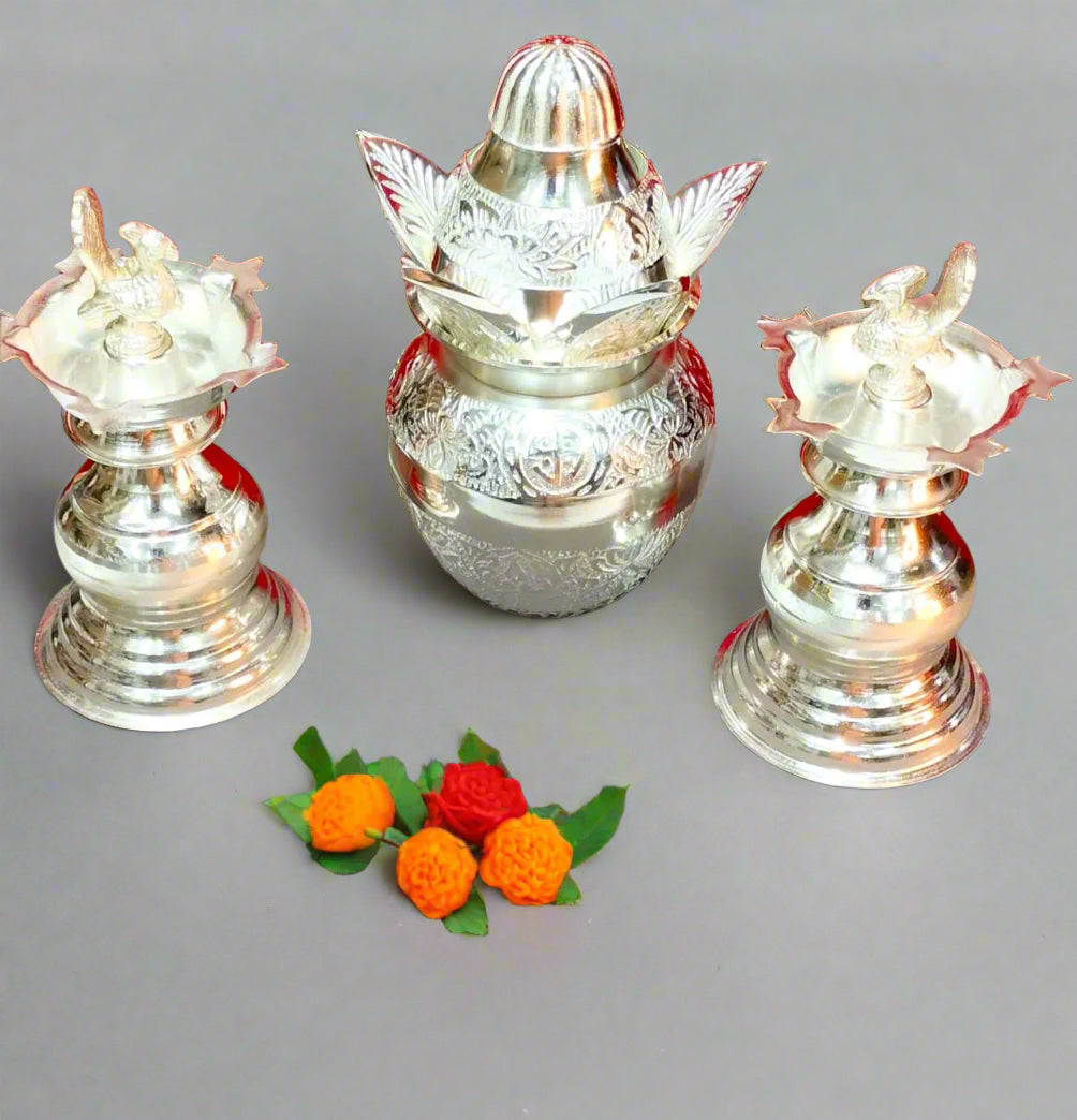 German Silver Combo of Peacock Diya and Kalash