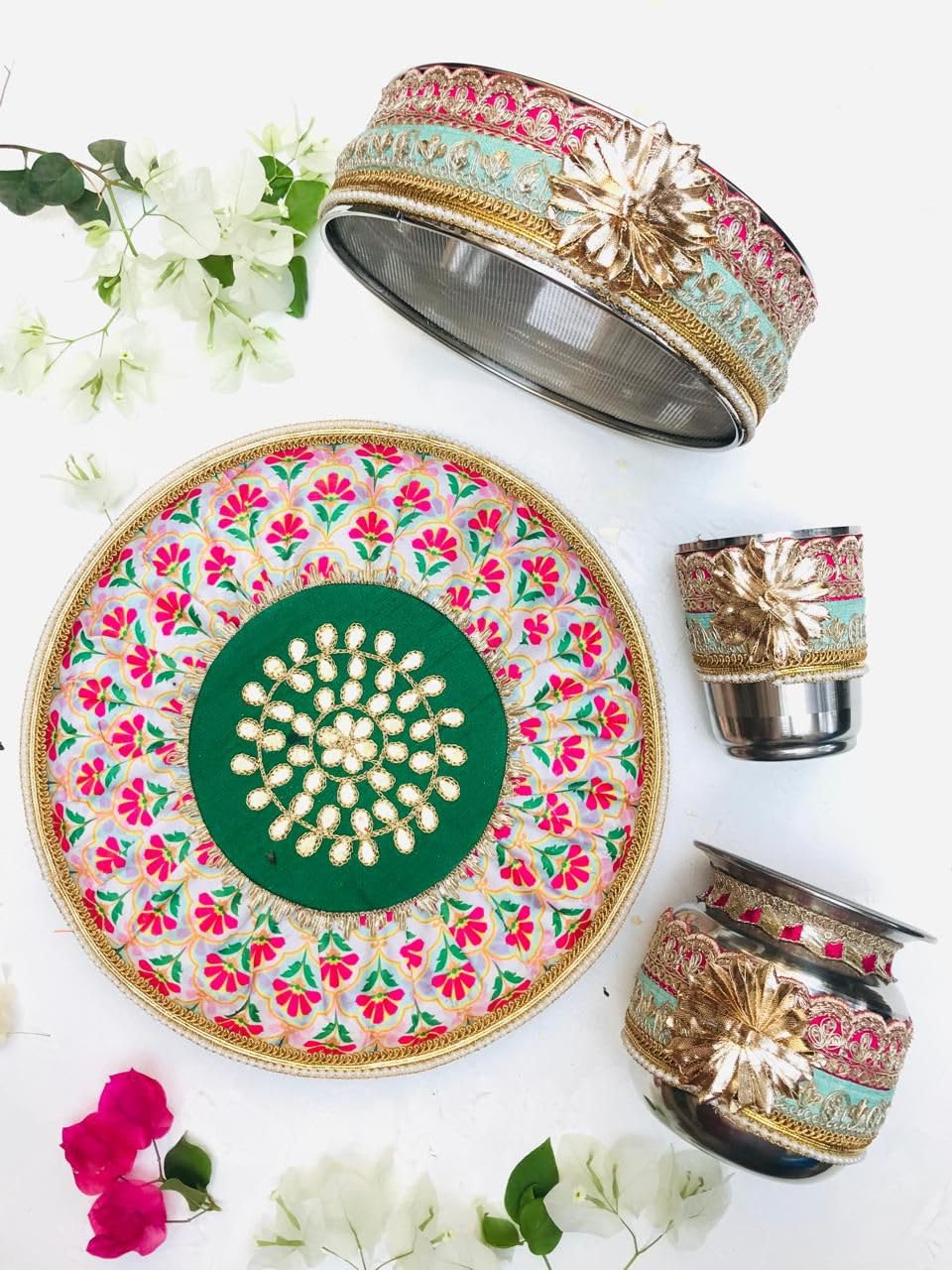Colorful Karwacauth Combined Floral with Gota Work Pooja thali Set,