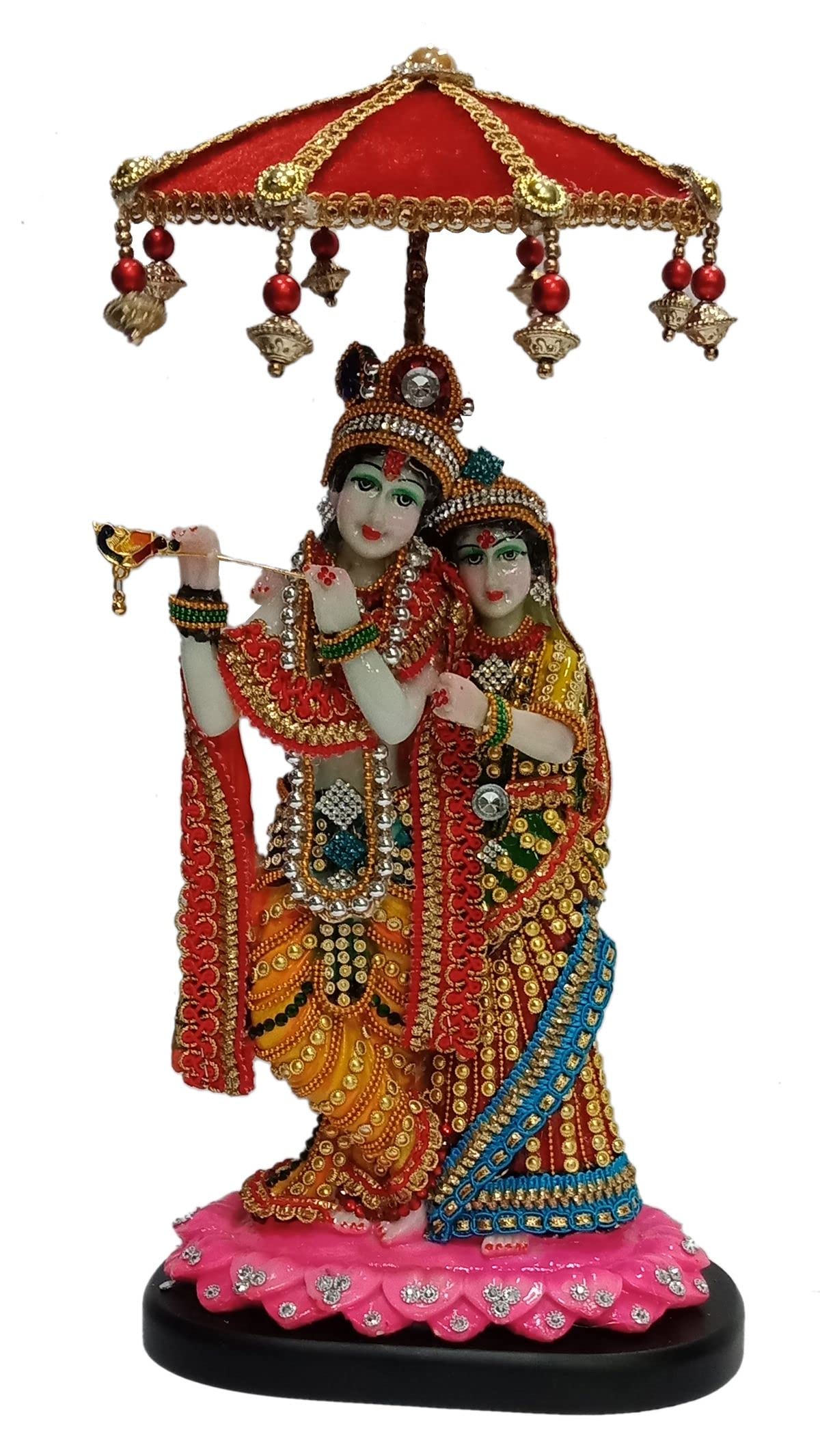 Colorful with Stone Work Radha Krishan Statue Under an Umbrella Playing Flute Idol for Home décor, Show Piece, Temple