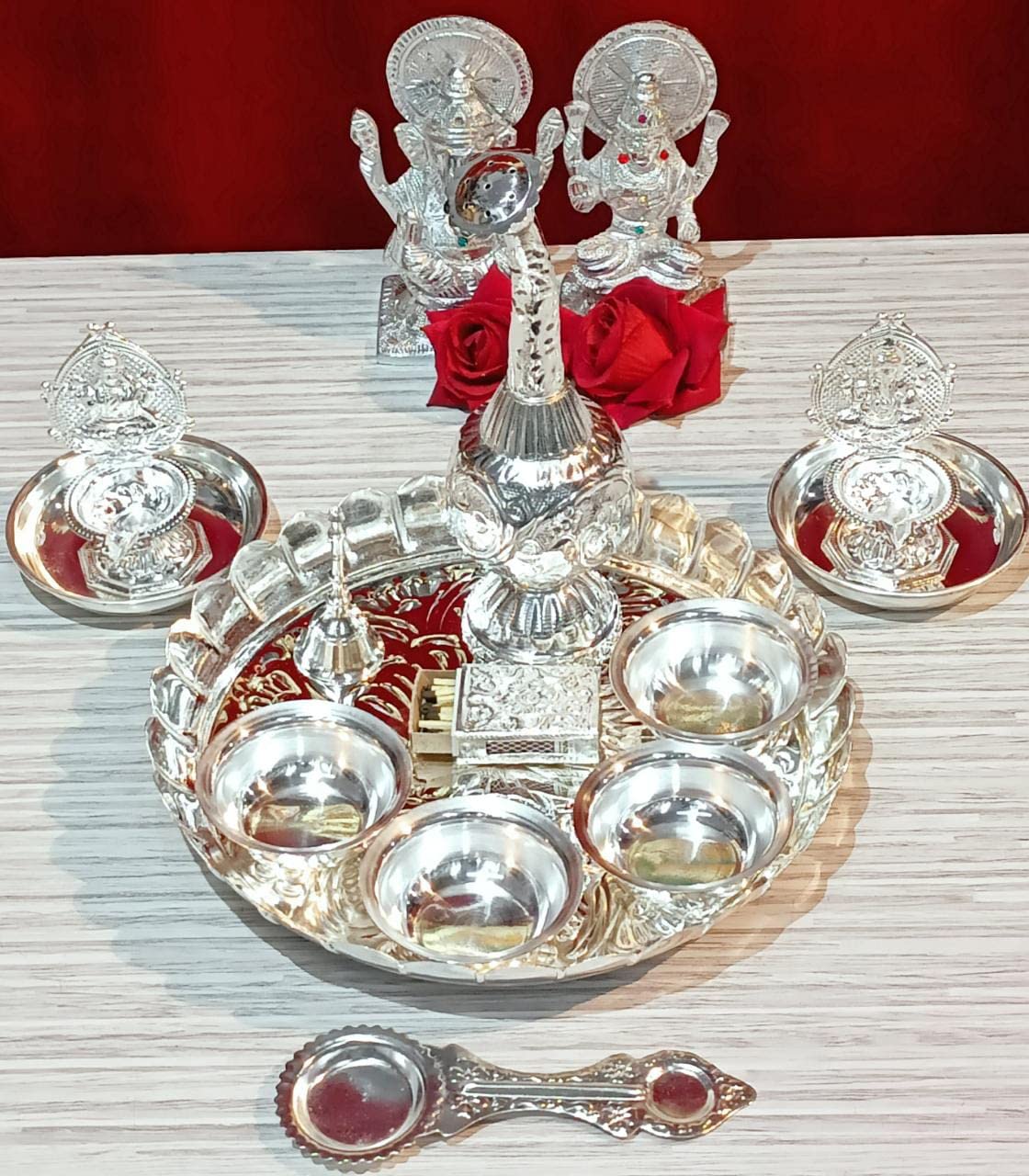 German Silver Lotus Flower Pooja thali Combo Set of 13 Pieces for Diwali Festival, House Warming puja Party, Gift Item.