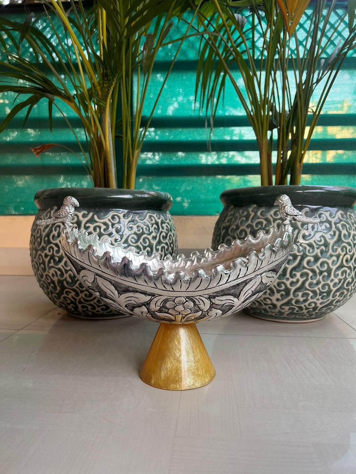 indiancraftbykanika german silver Parrot resting on sides golden yellow resin stand oval bowl for home décor/fruits/gift item