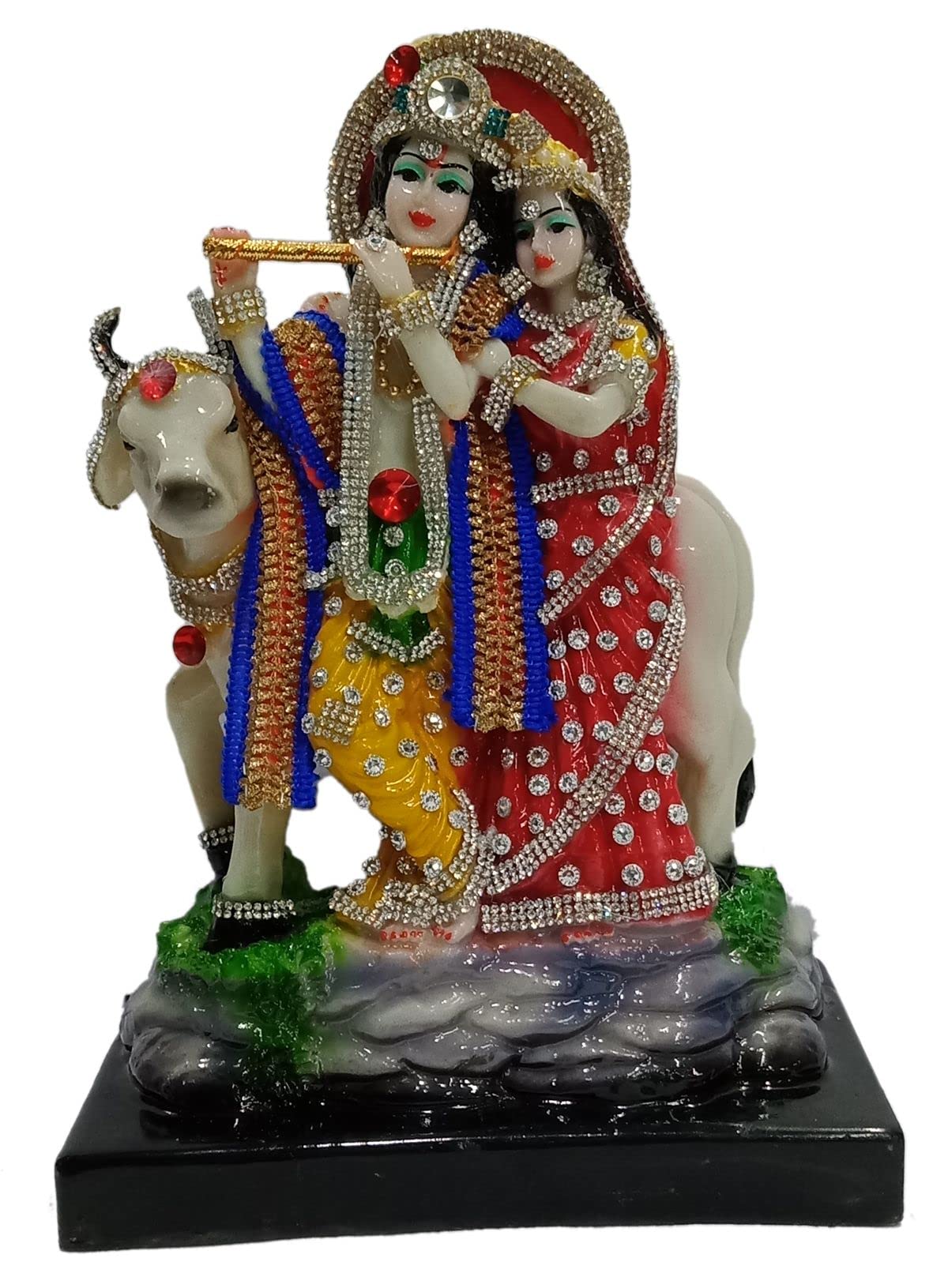 Colorful with Stone Work Radha Krishan Statue with Cow Playing Flute Idol for Home décor,Show Piece,Temple