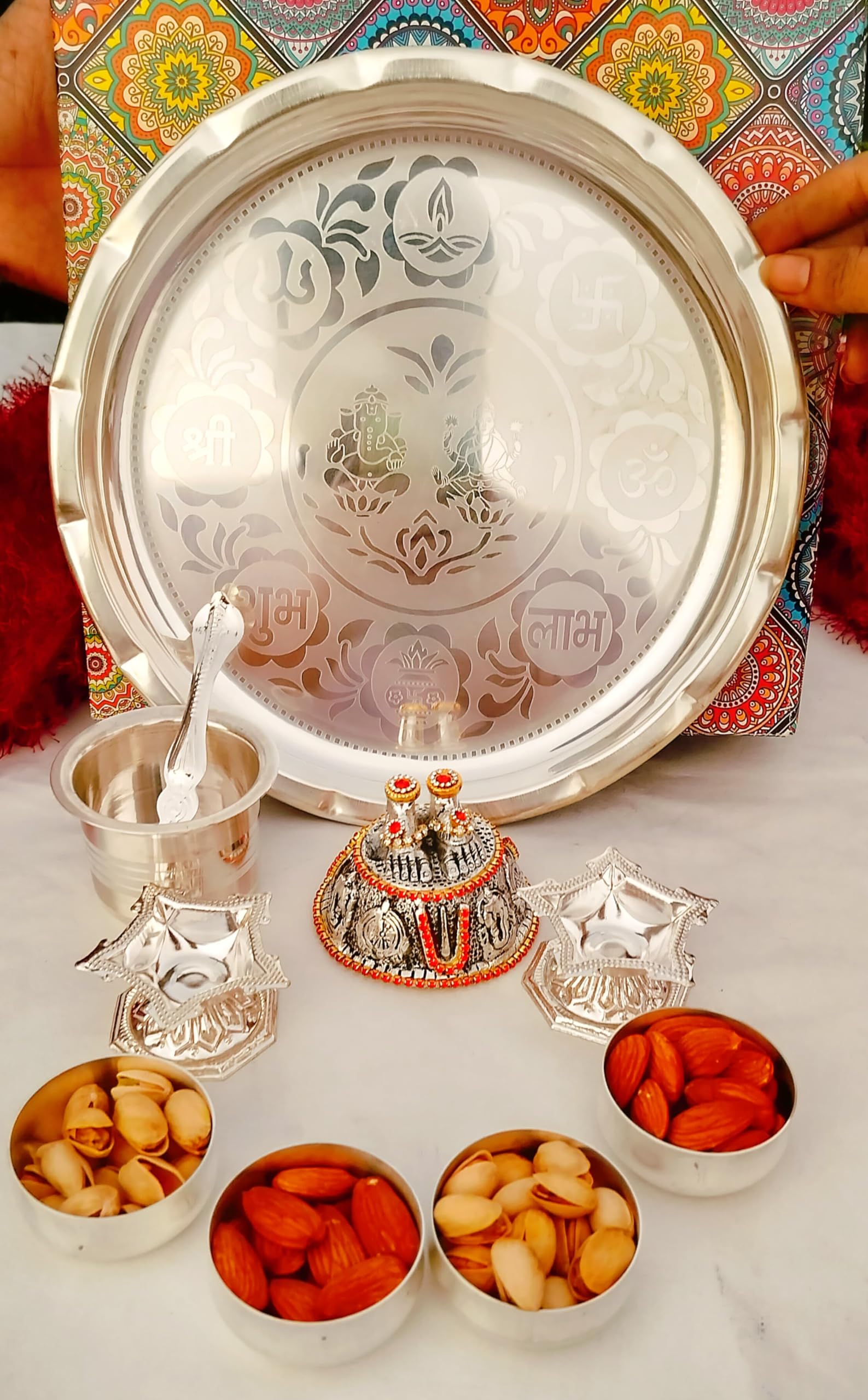 German Silver laxmi Ganesh Engraved Pooja Set