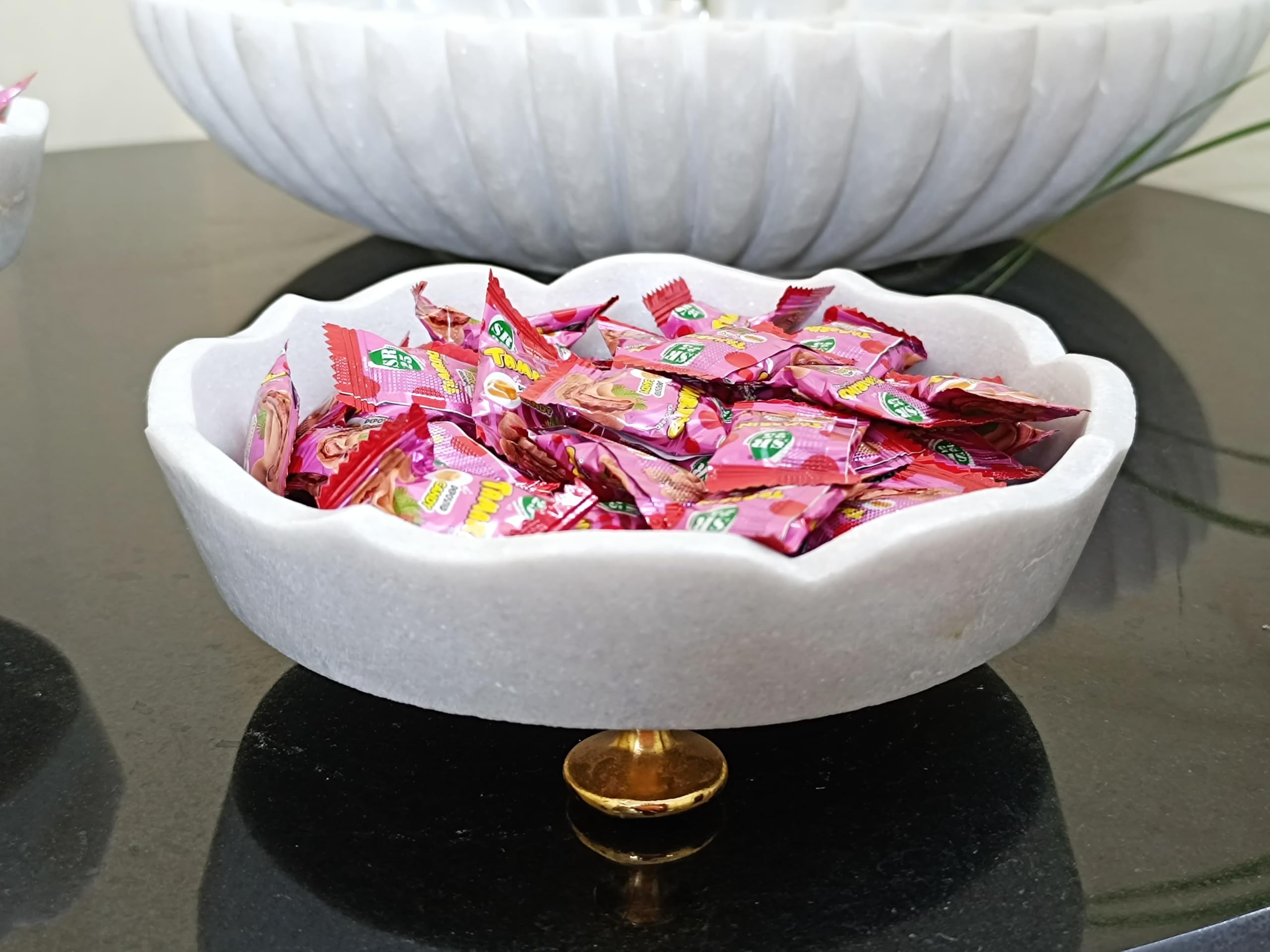 indiancraftsbykanika white marble fruit bowl/snacks platter/home décor with golden metal stand