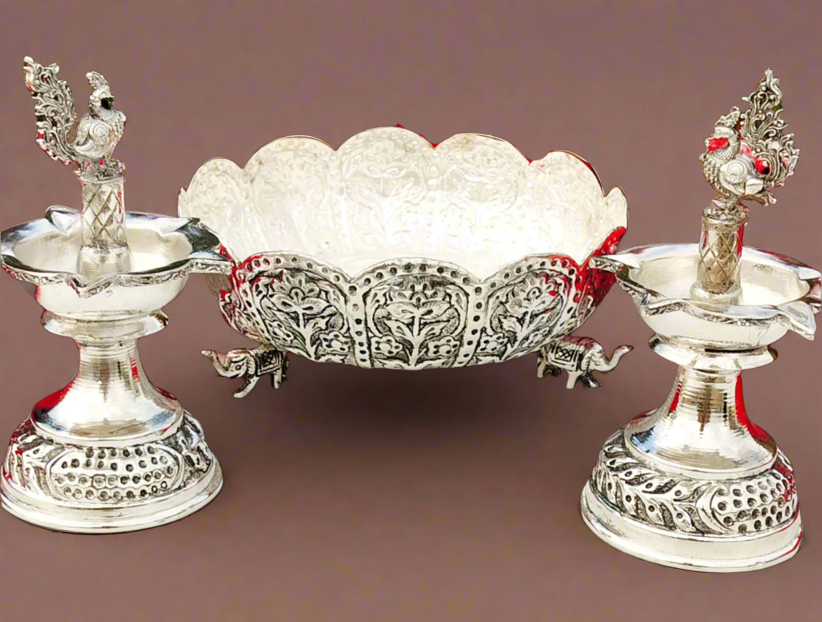 german silver Decorative urli Bowl with Lamp, Silver