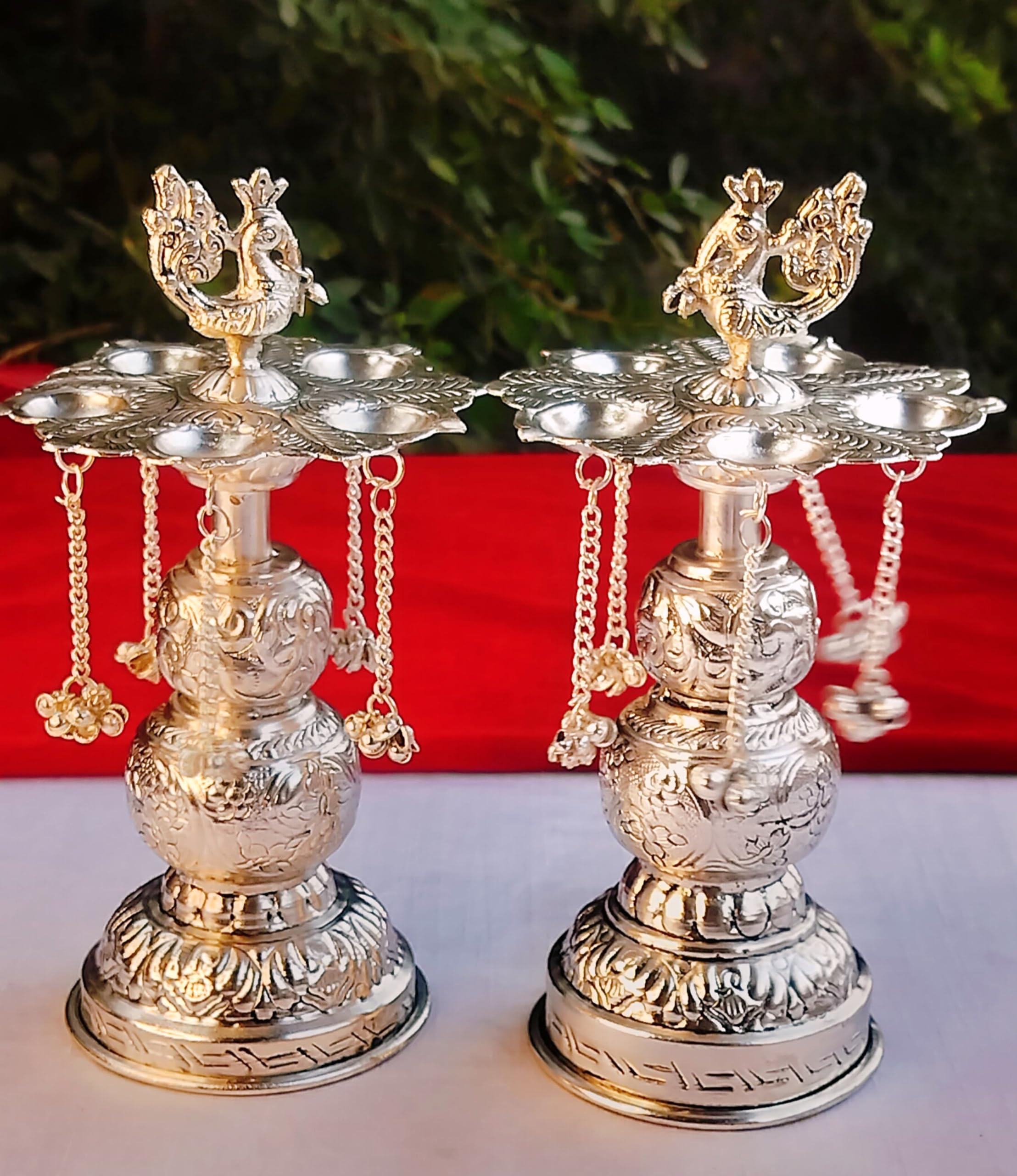 German Silver Antique Finish Peacock Diya with Hanging Chain and Ghungaru