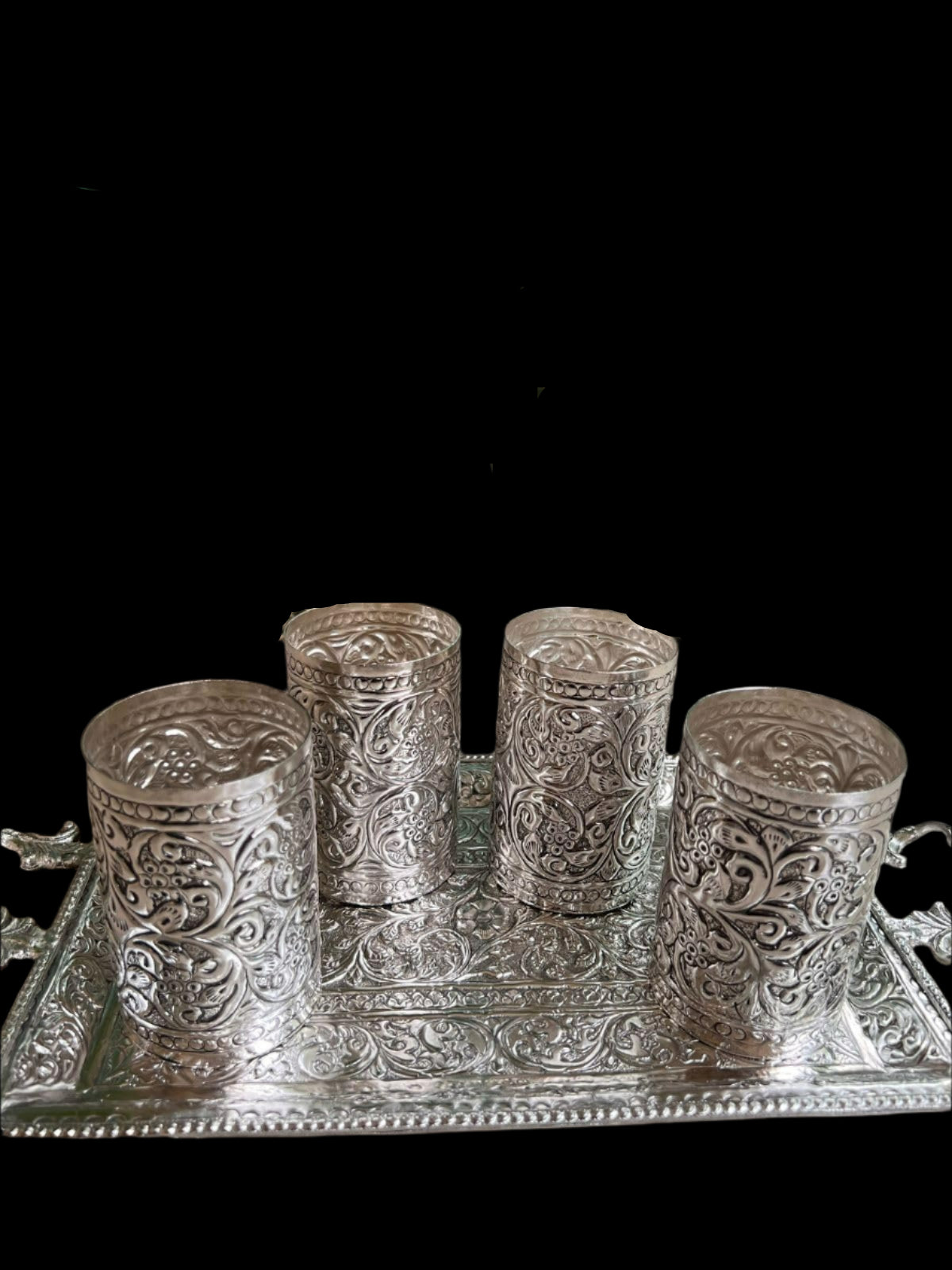 German Silver Tray with Handle and 4 Glass Set