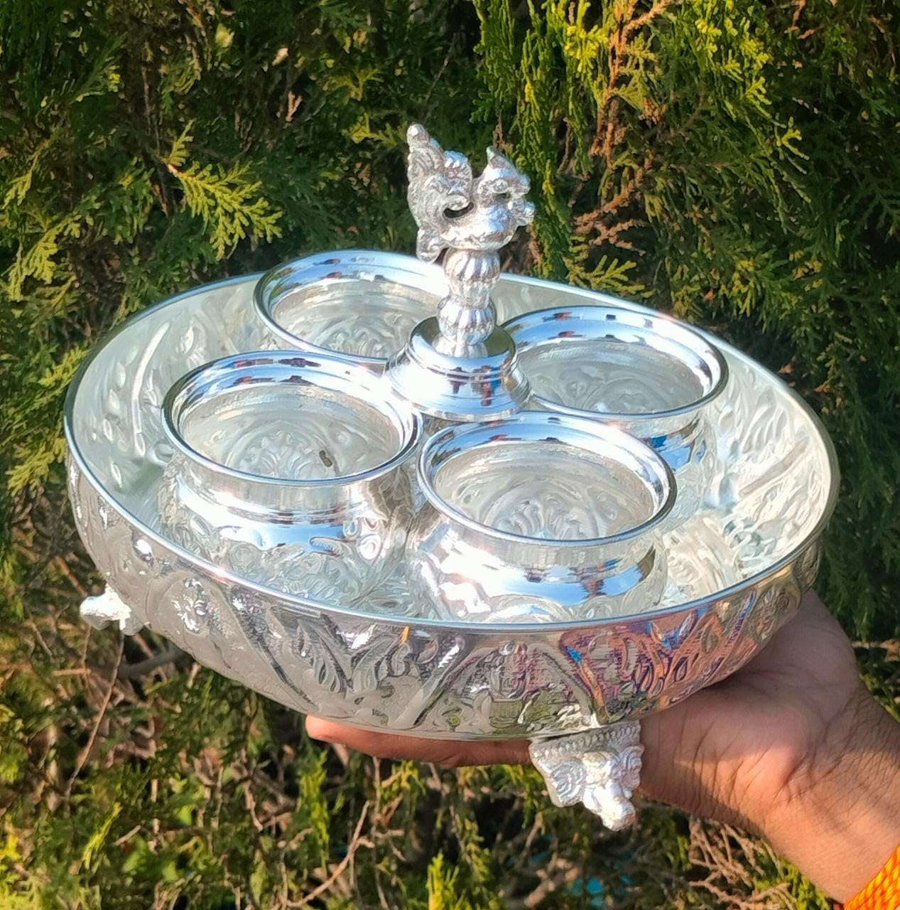 indiancraftsbykanika German Silver Ashtalakshmi Plate with Elephant Stand Peacock Kumkum Stand, 120124u