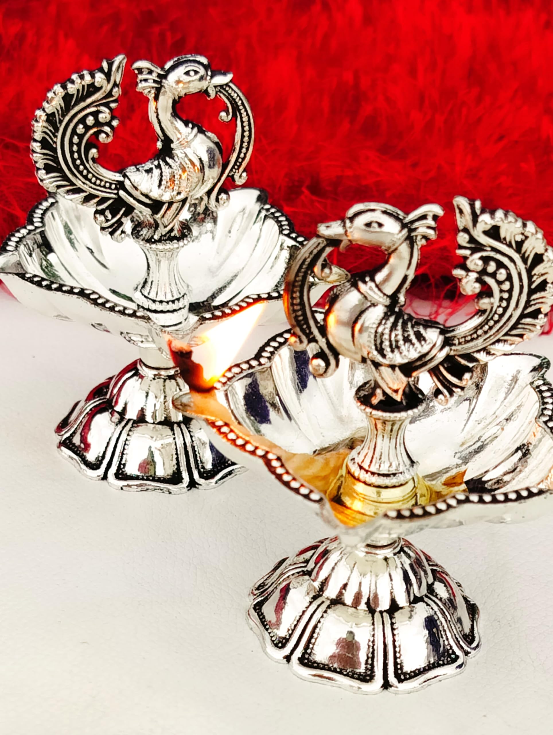 Antique German Silver Daily use panchmukhi Peacock Diya, Set of 2 Pieces