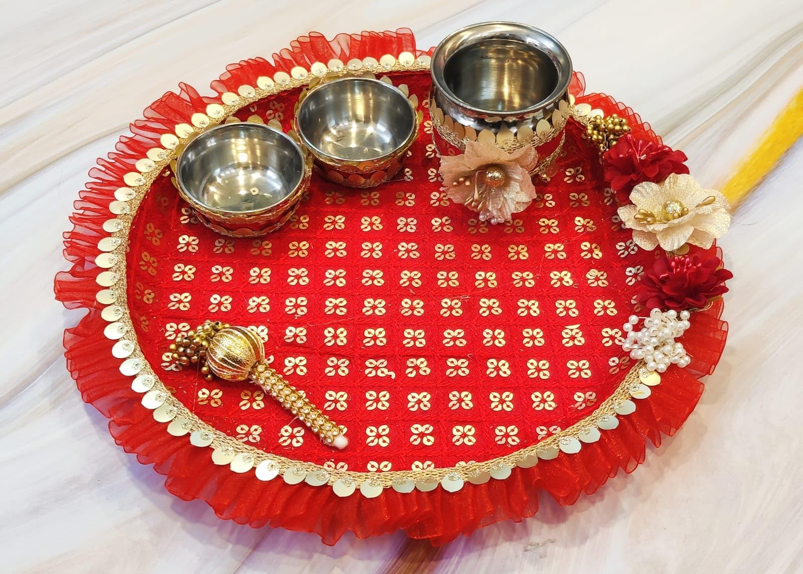 red Color Stainless Steel Pooja thali Set of 5 Pieces
