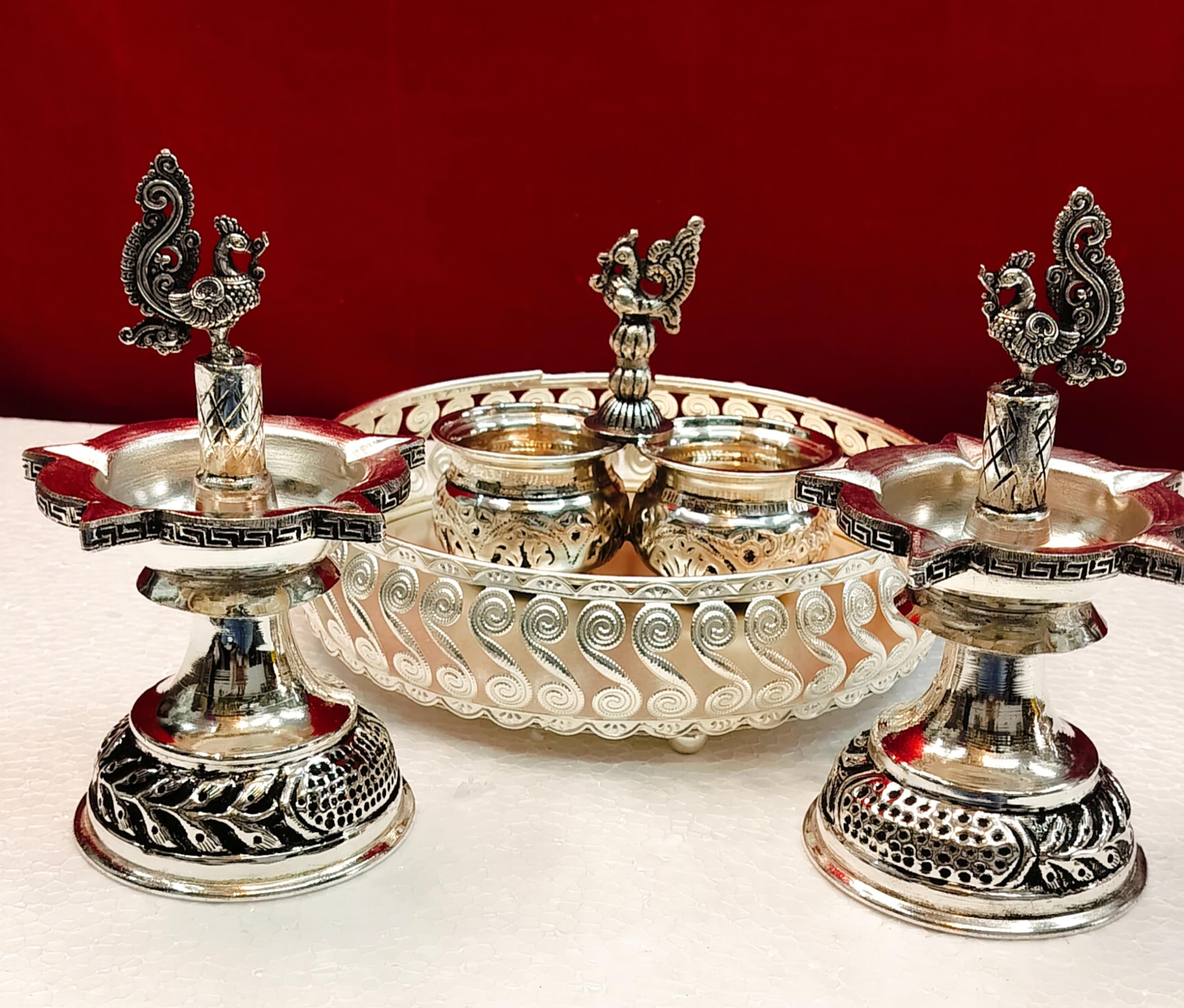 German Silver Tray with Peacock Diya Set and Kumkum Bowl Set