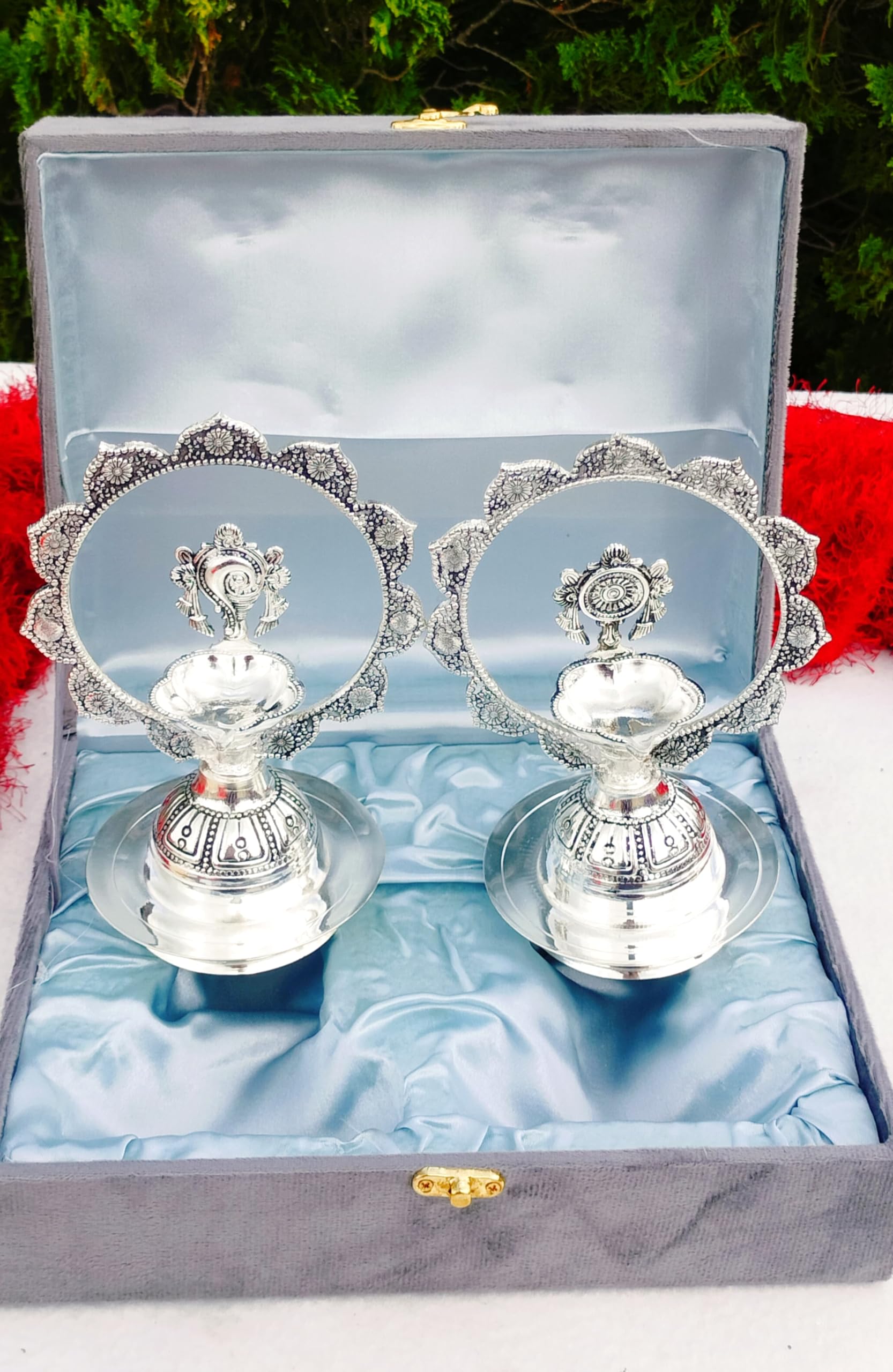 Antique German Silver shanku Chakra Diya Pair for Diwali/ Gift Item / Home Decor