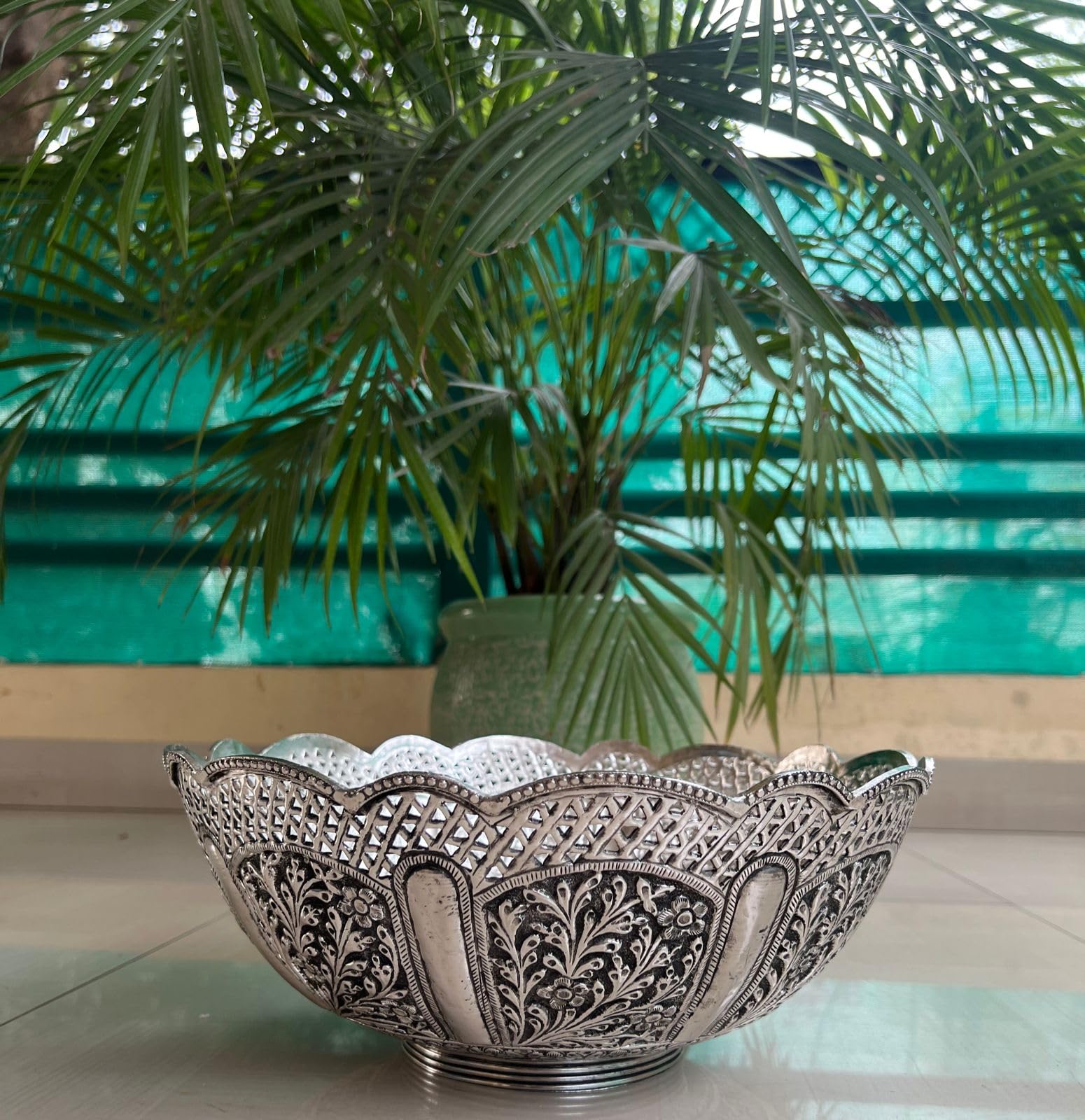 indiancraftsbykanika German silver Round big size bowl/fruit bowl intricate and beautiful carving, large, 250124t