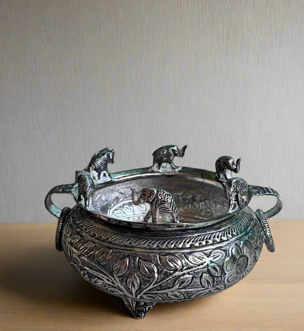 German silver Antique finish beautiful elephant urli bowl