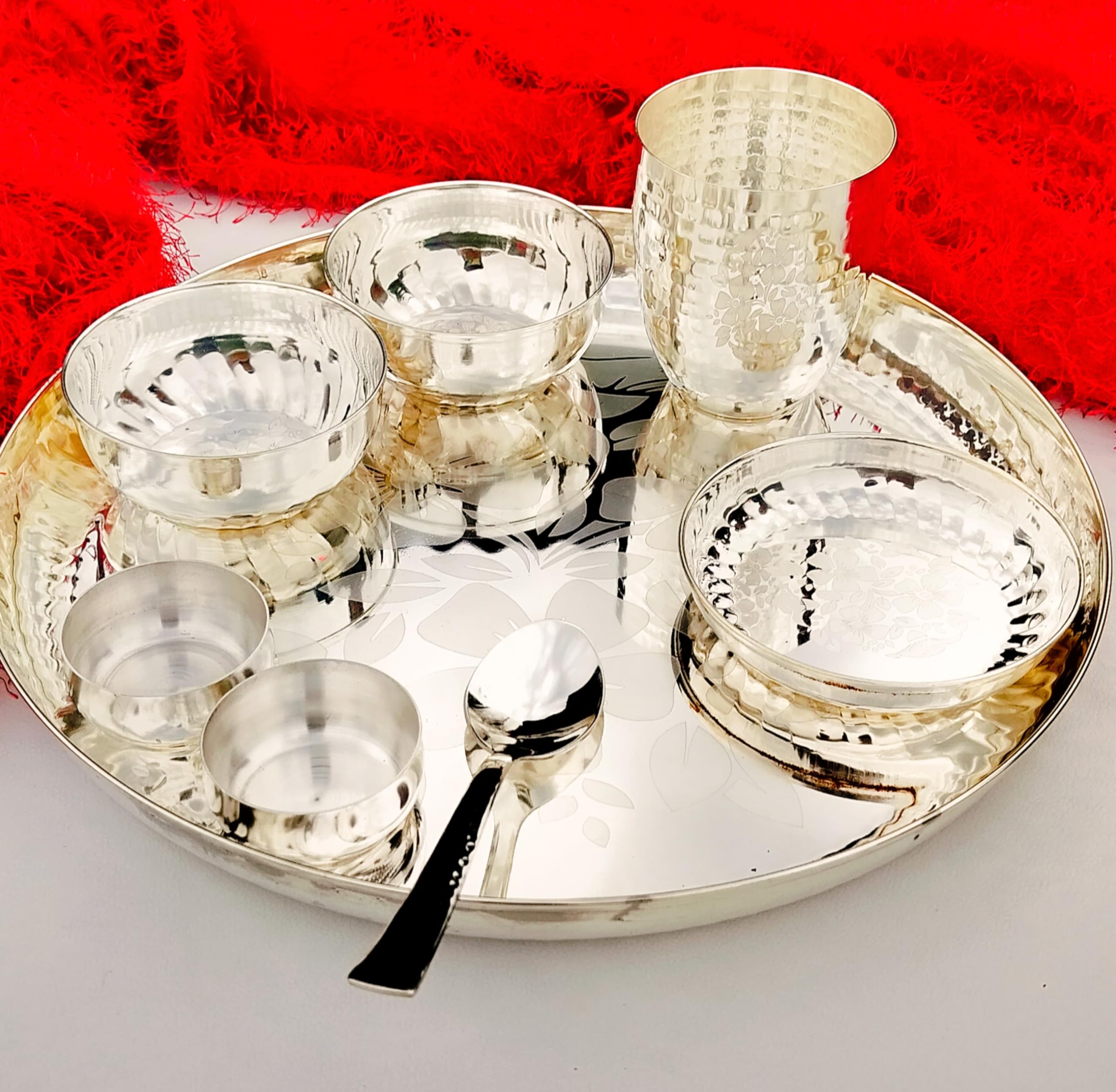 German silver heavy gauge Nakkashi work with flower carving dinner set